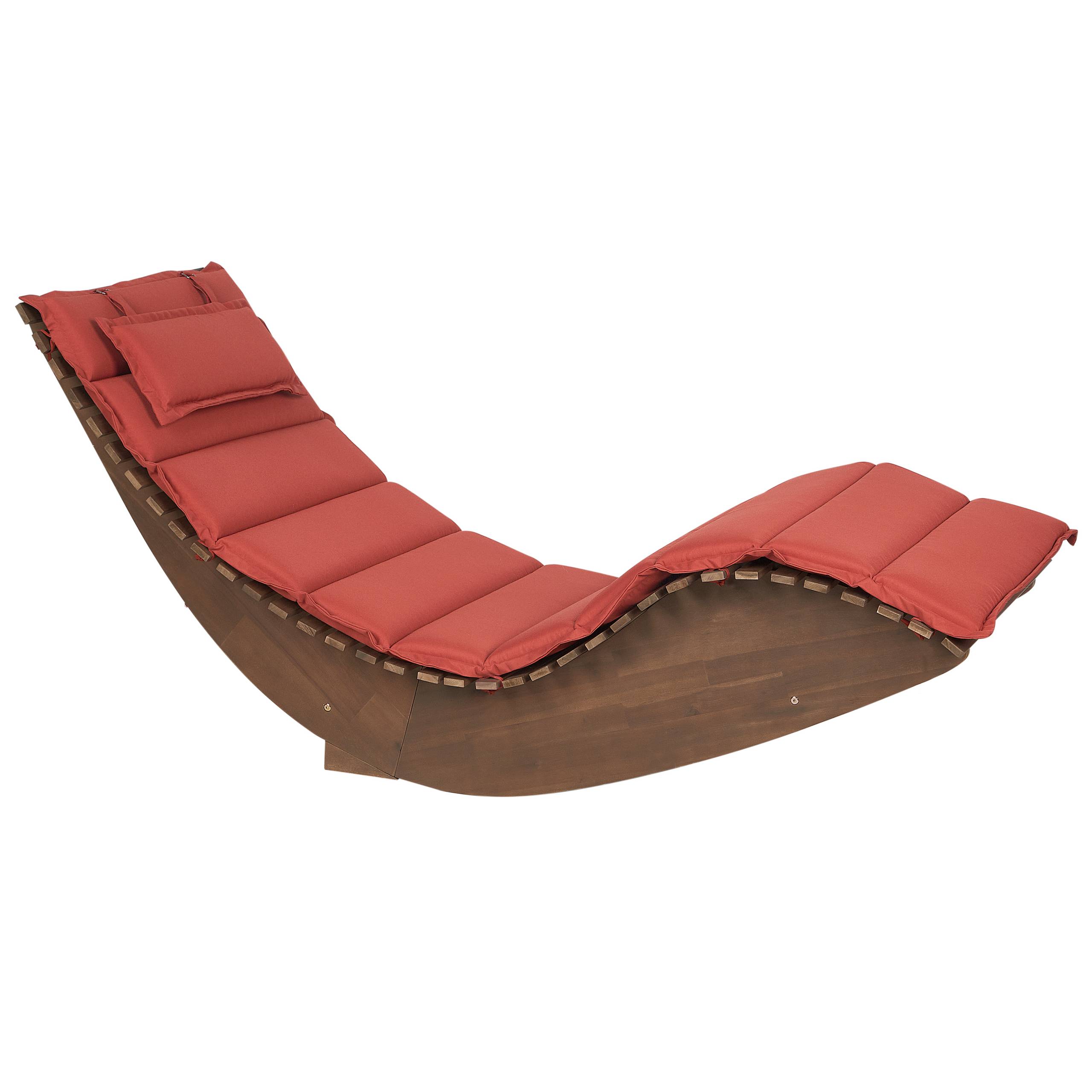 Beliani - Chaise Longue à Bascule Bois Foncé en Bois d'Acacia avec Coussin Rouge Patio Terrasse Jardin à Lattes - Imagen 1