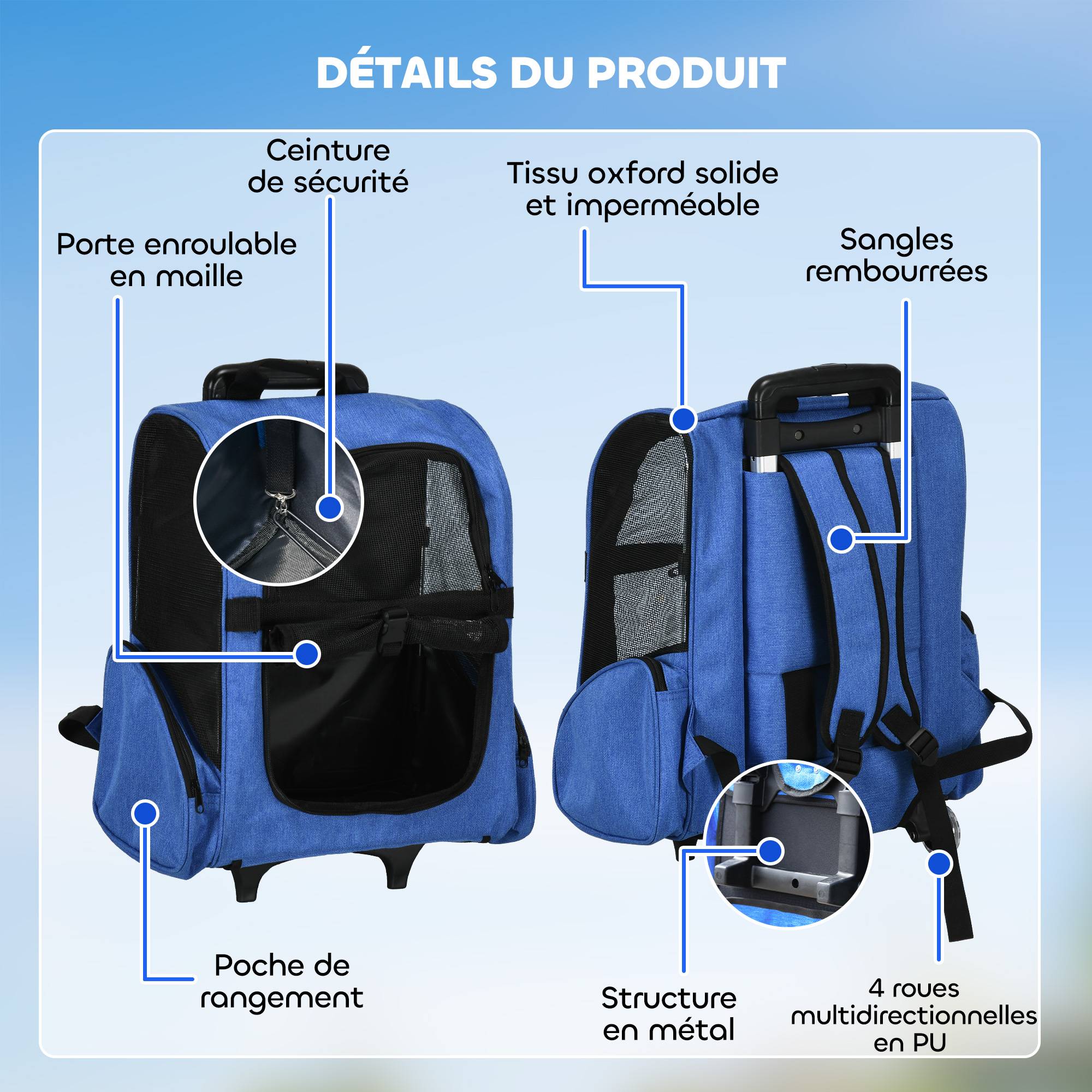 Sac de transport trolley tissu Oxfords bleu 42 x 25 x 55 cm - PANGIVO - Image 8