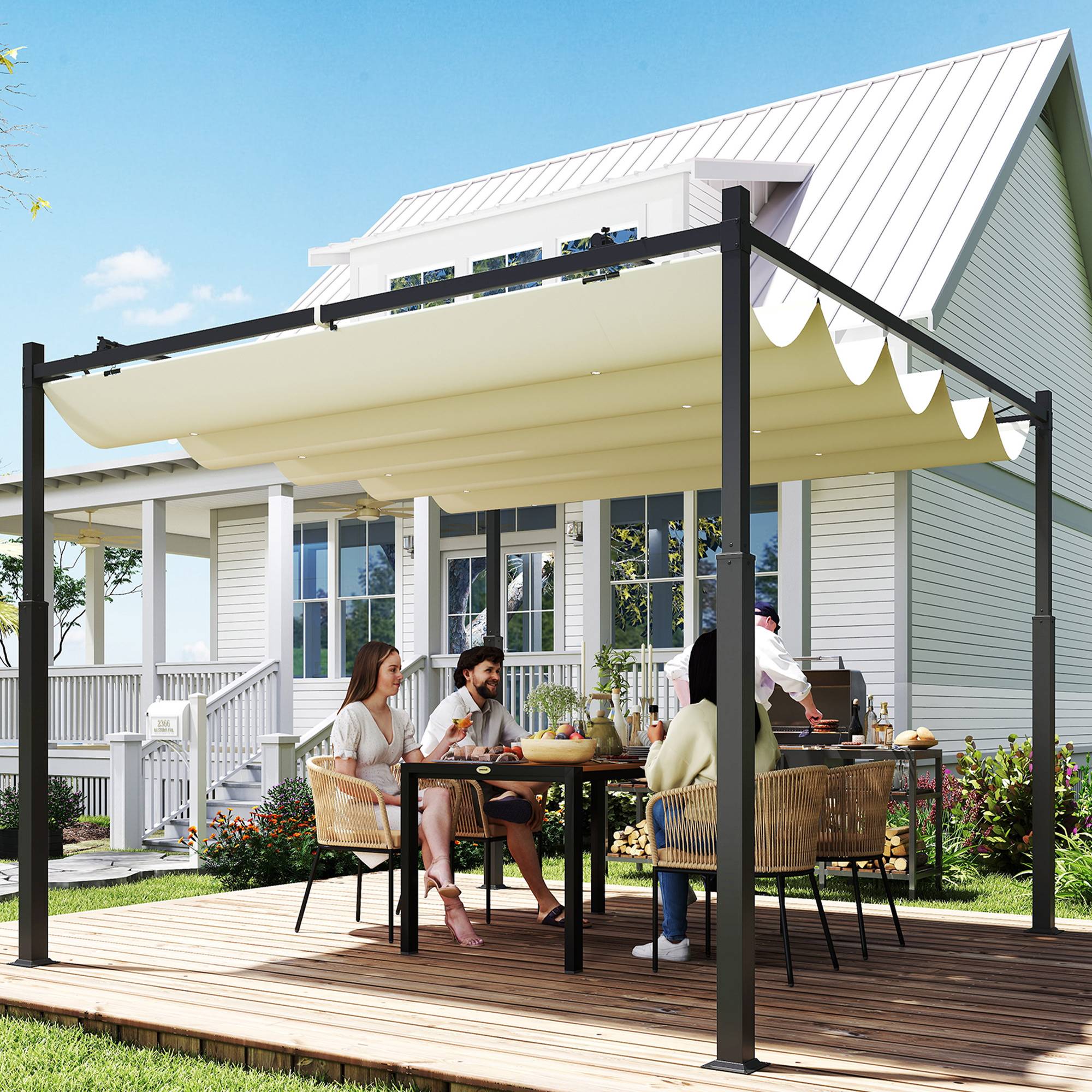 Pergola Autoportante 3x3m Acier Toit Rétractable Magnétique Protection UV30+ Crème - ComfortXL Outdoor Living - Image 4