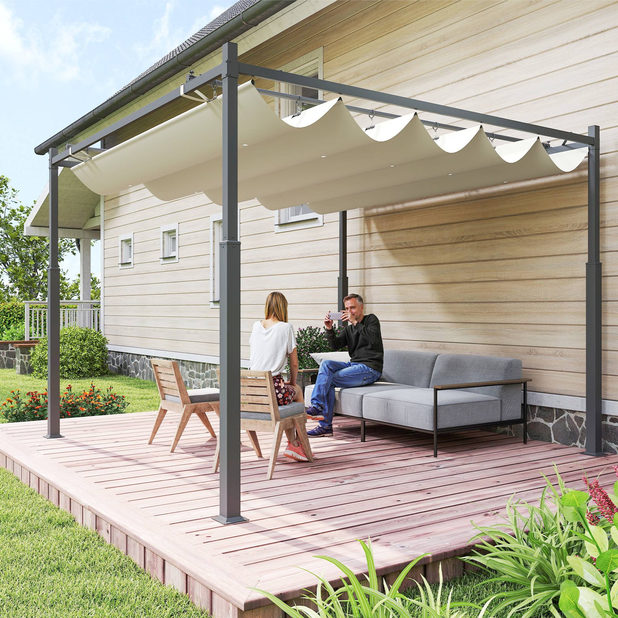 Pergola Autoportante 3x3m Acier Toit Rétractable Magnétique Protection UV30+ Crème - ComfortXL Outdoor Living - Image 3