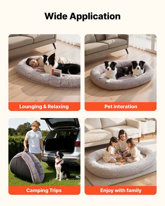 Vevor - VEVOR Lit pour chien et humain 171x100x24 cm, mousse à mémoire orthopédique, housse amovible lavable, poche latérale, base antidérapante, gris. - Image 5