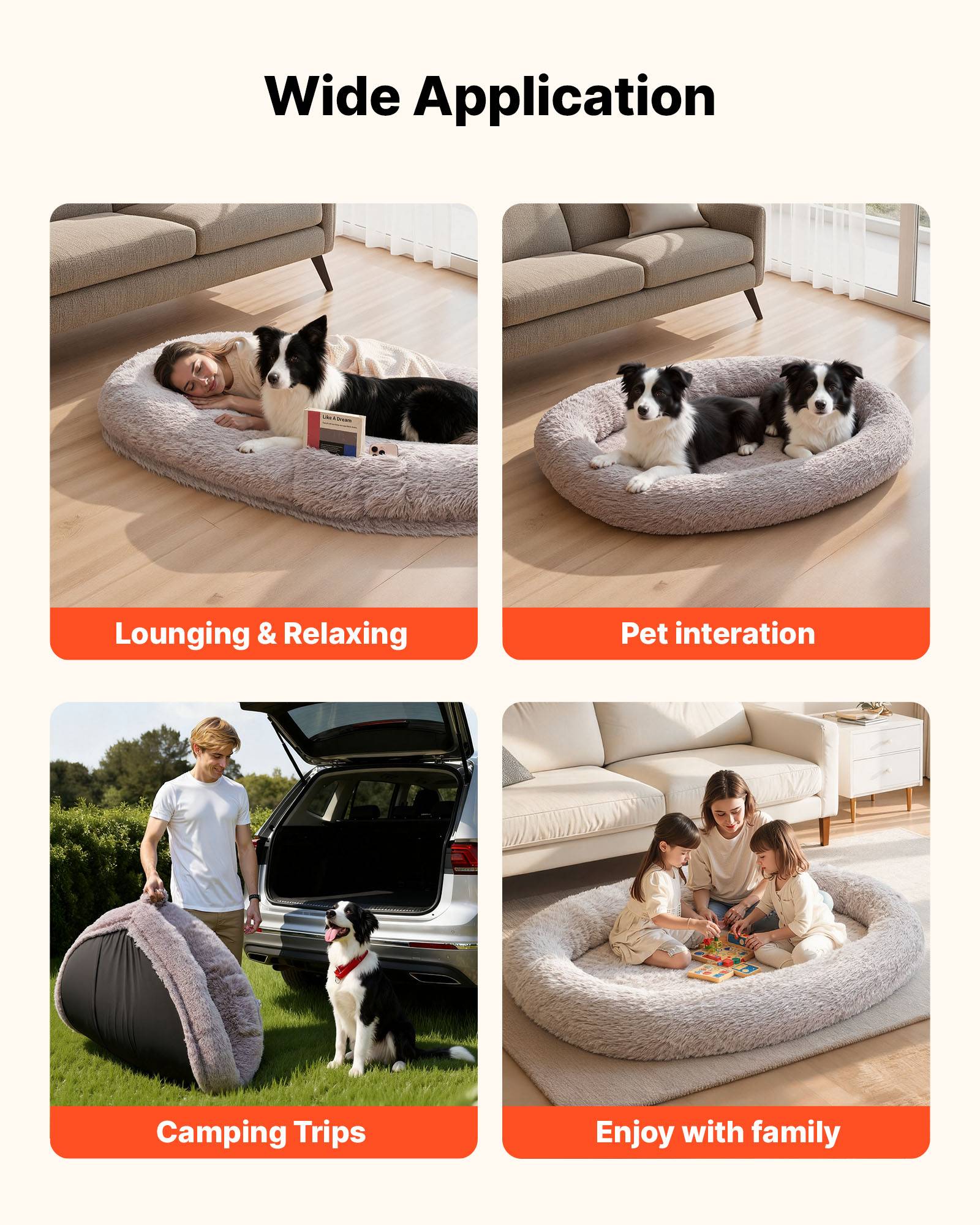 Vevor - VEVOR Lit pour chien et humain 171x100x24 cm, mousse à mémoire orthopédique, housse amovible lavable, poche latérale, base antidérapante, gris. - Image 5