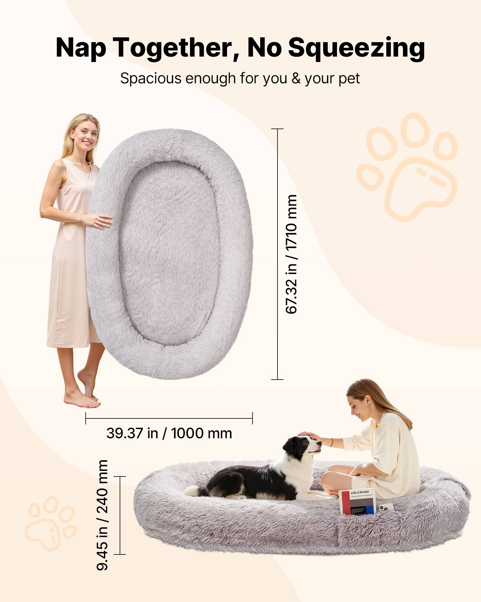 Vevor - VEVOR Lit pour chien et humain 171x100x24 cm, mousse à mémoire orthopédique, housse amovible lavable, poche latérale, base antidérapante, gris. - Image 2