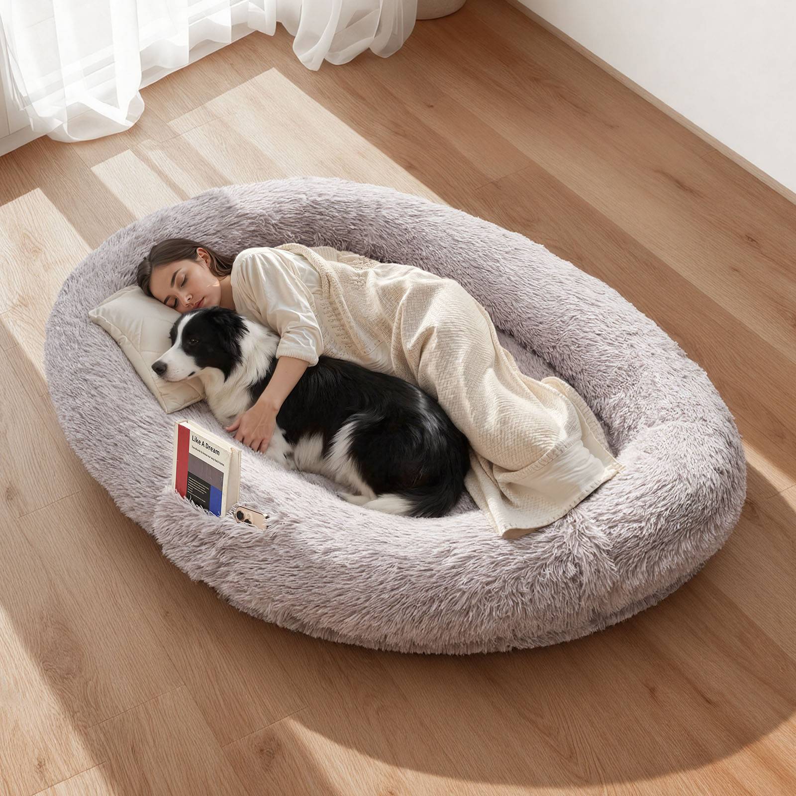 Vevor - VEVOR Lit pour chien et humain 171x100x24 cm, mousse à mémoire orthopédique, housse amovible lavable, poche latérale, base antidérapante, gris. - Image 1