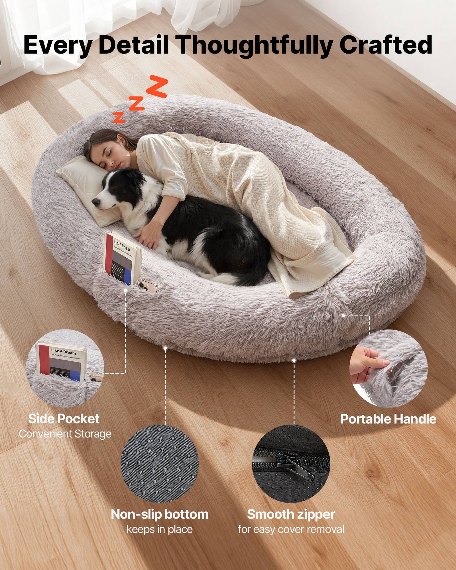 Vevor - VEVOR Lit pour chien et humain 171x100x24 cm, mousse à mémoire orthopédique, housse amovible lavable, poche latérale, base antidérapante, gris. - Image 4