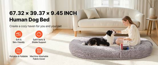 Vevor - VEVOR Lit pour chien et humain 171x100x24 cm, mousse à mémoire orthopédique, housse amovible lavable, poche latérale, base antidérapante, gris. - Image 9