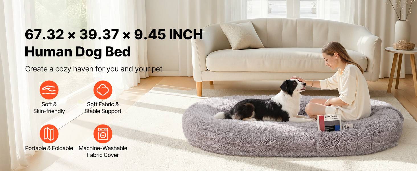 Vevor - VEVOR Lit pour chien et humain 171x100x24 cm, mousse à mémoire orthopédique, housse amovible lavable, poche latérale, base antidérapante, gris. - Image 9