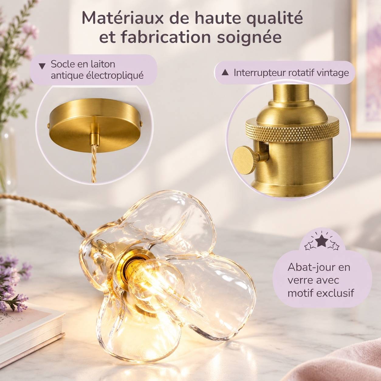Suspension Luminaire Verre Fleur Cuivre Ajustable Style Moderne - Image 2