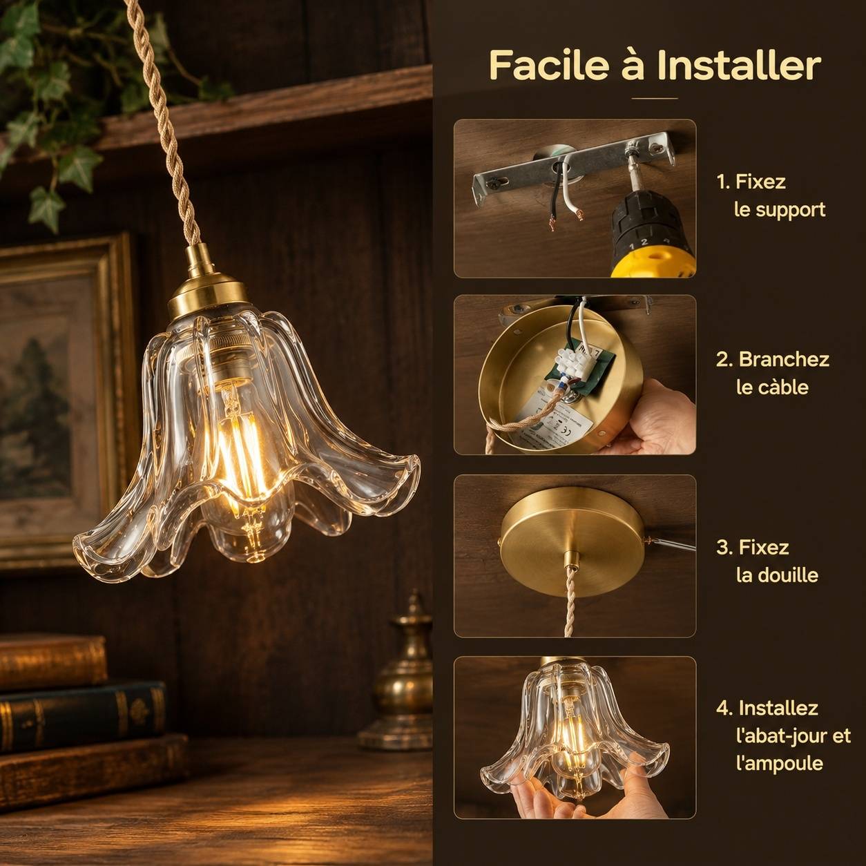 Suspension Luminaire Verre Fleur Cuivre Ajustable Style Moderne - Image 8