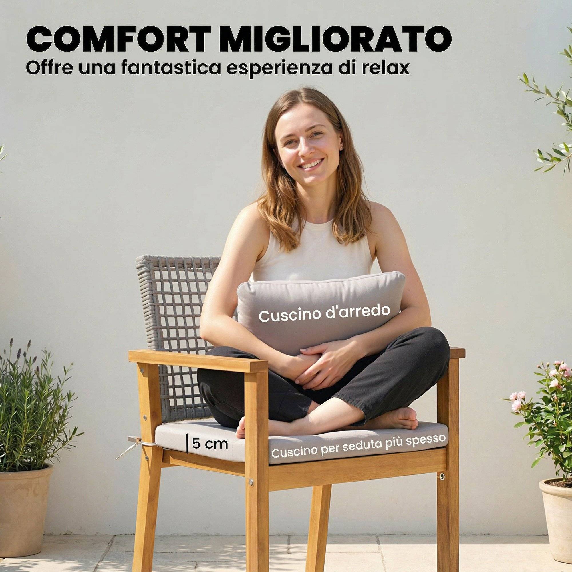 Lot de 2 chaises de jardin bois acacia balcon dossier rotin et coussins naturel - ComfortXL Outdoor Living - Image 9