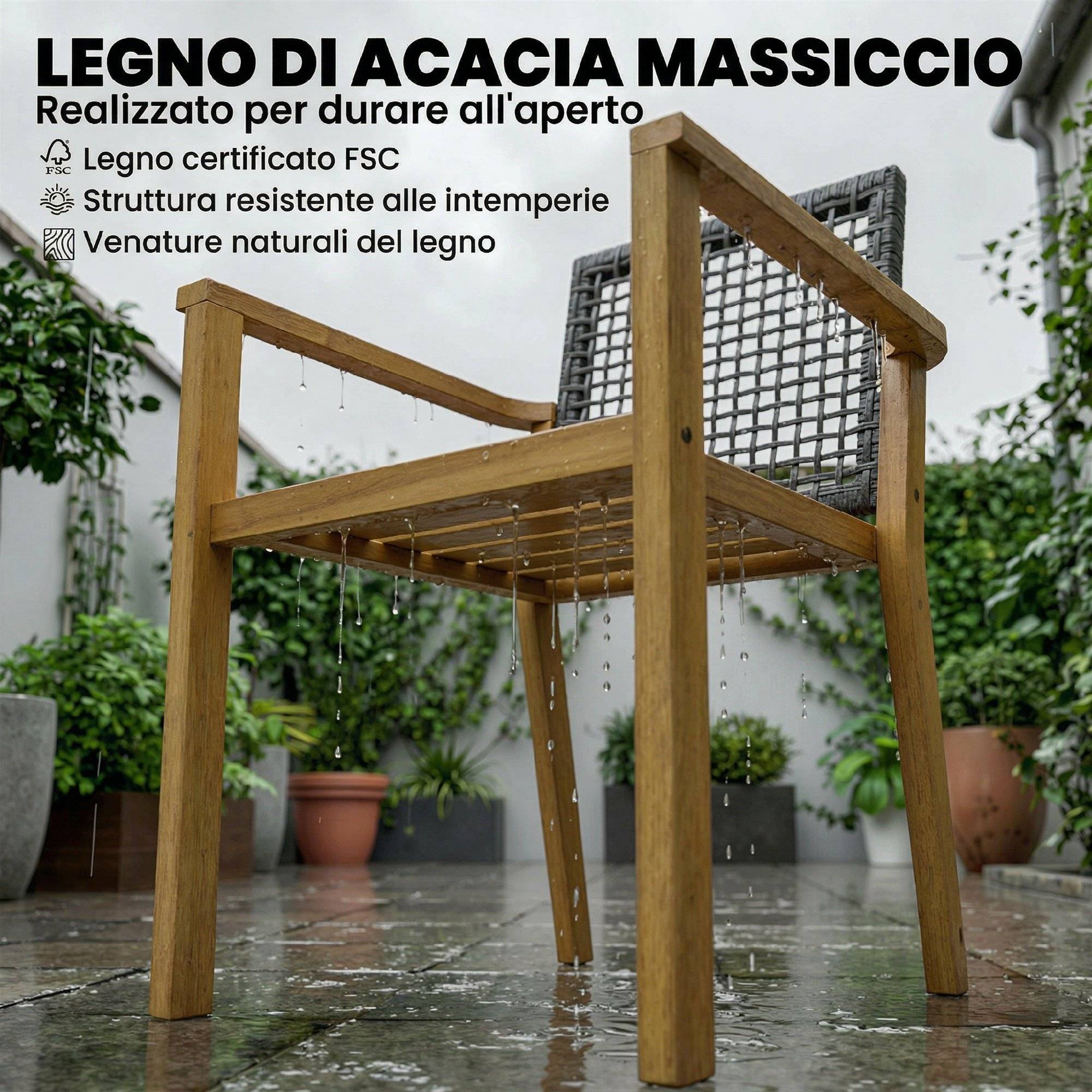 Lot de 2 chaises de jardin bois acacia balcon dossier rotin et coussins naturel - ComfortXL Outdoor Living - Image 6