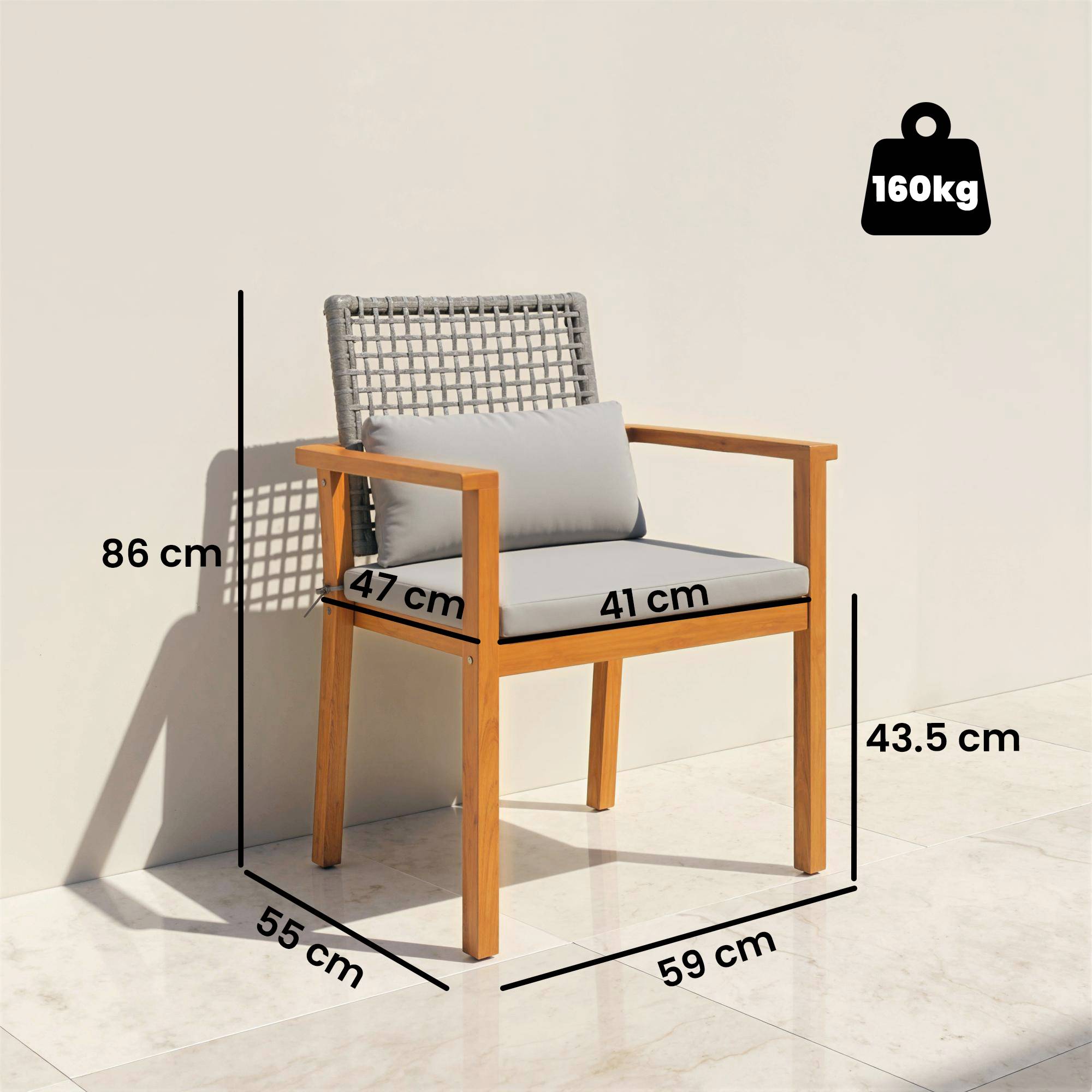 Lot de 2 chaises de jardin bois acacia balcon dossier rotin et coussins naturel - ComfortXL Outdoor Living - Image 5