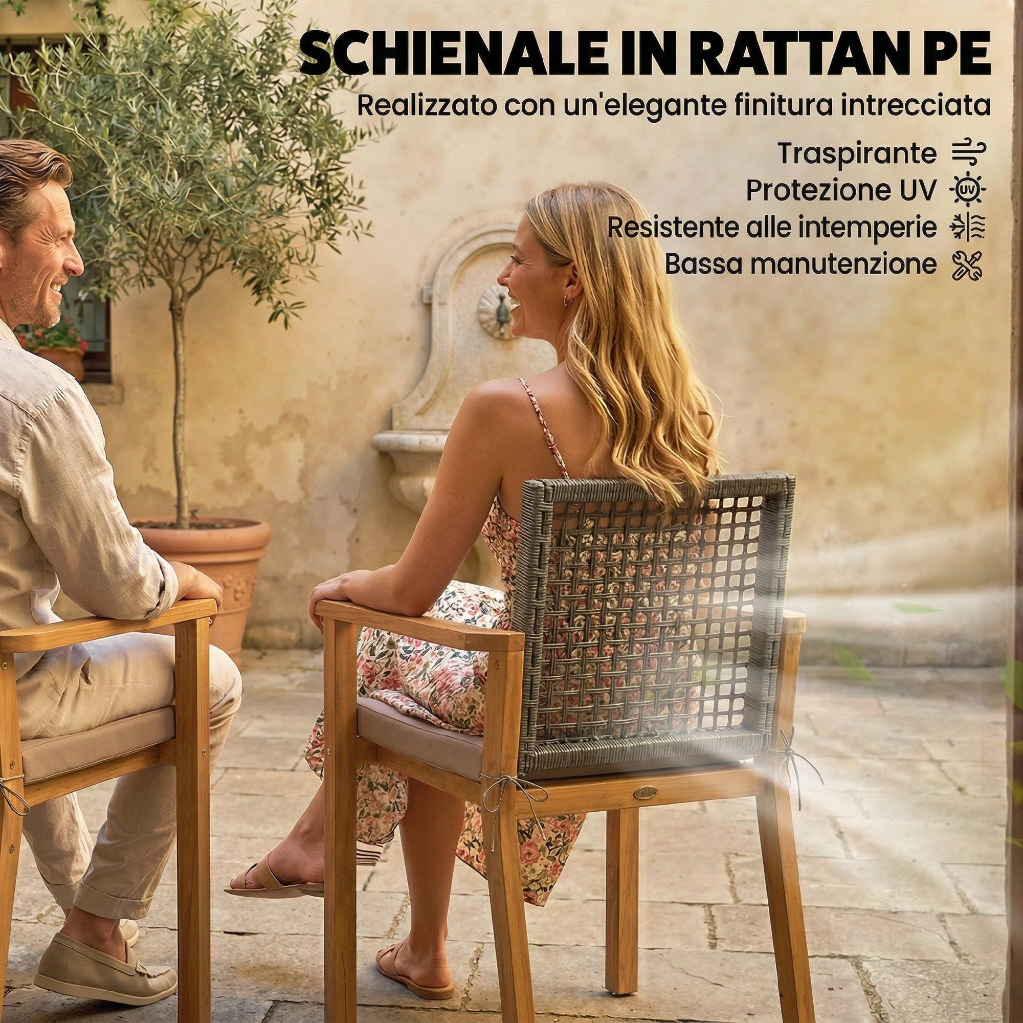 Lot de 2 chaises de jardin bois acacia balcon dossier rotin et coussins naturel - ComfortXL Outdoor Living - Image 7