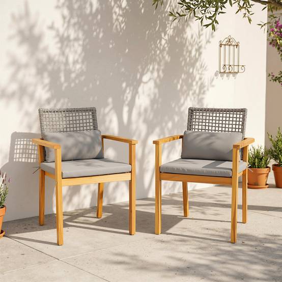 Lot de 2 chaises de jardin bois acacia balcon dossier rotin et coussins naturel - ComfortXL Outdoor Living - Image 4