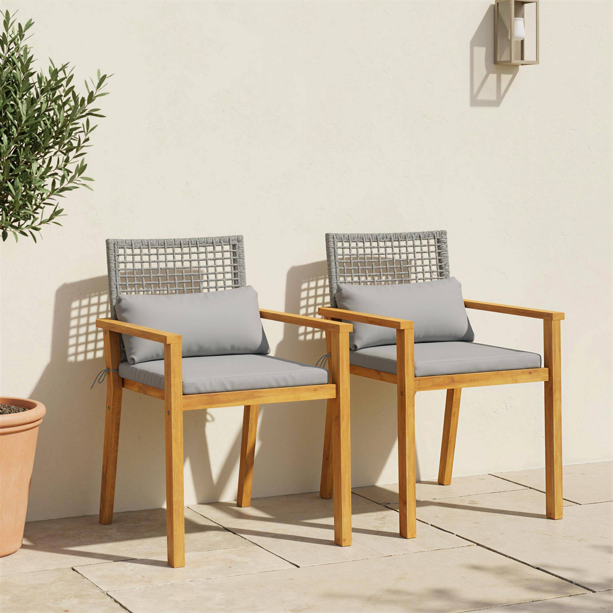Lot de 2 chaises de jardin bois acacia balcon dossier rotin et coussins naturel - ComfortXL Outdoor Living - Image 3