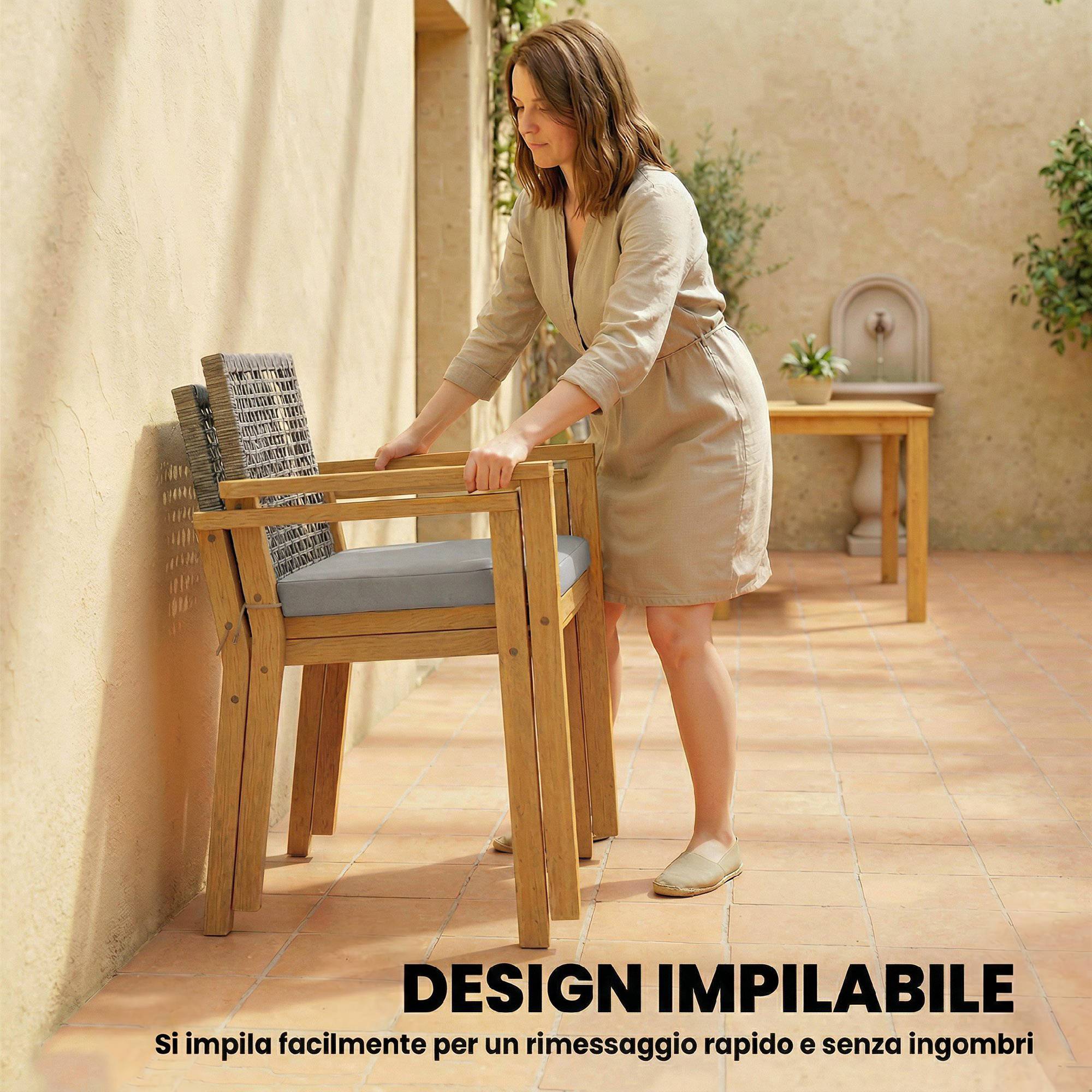 Lot de 2 chaises de jardin bois acacia balcon dossier rotin et coussins naturel - ComfortXL Outdoor Living - Image 8