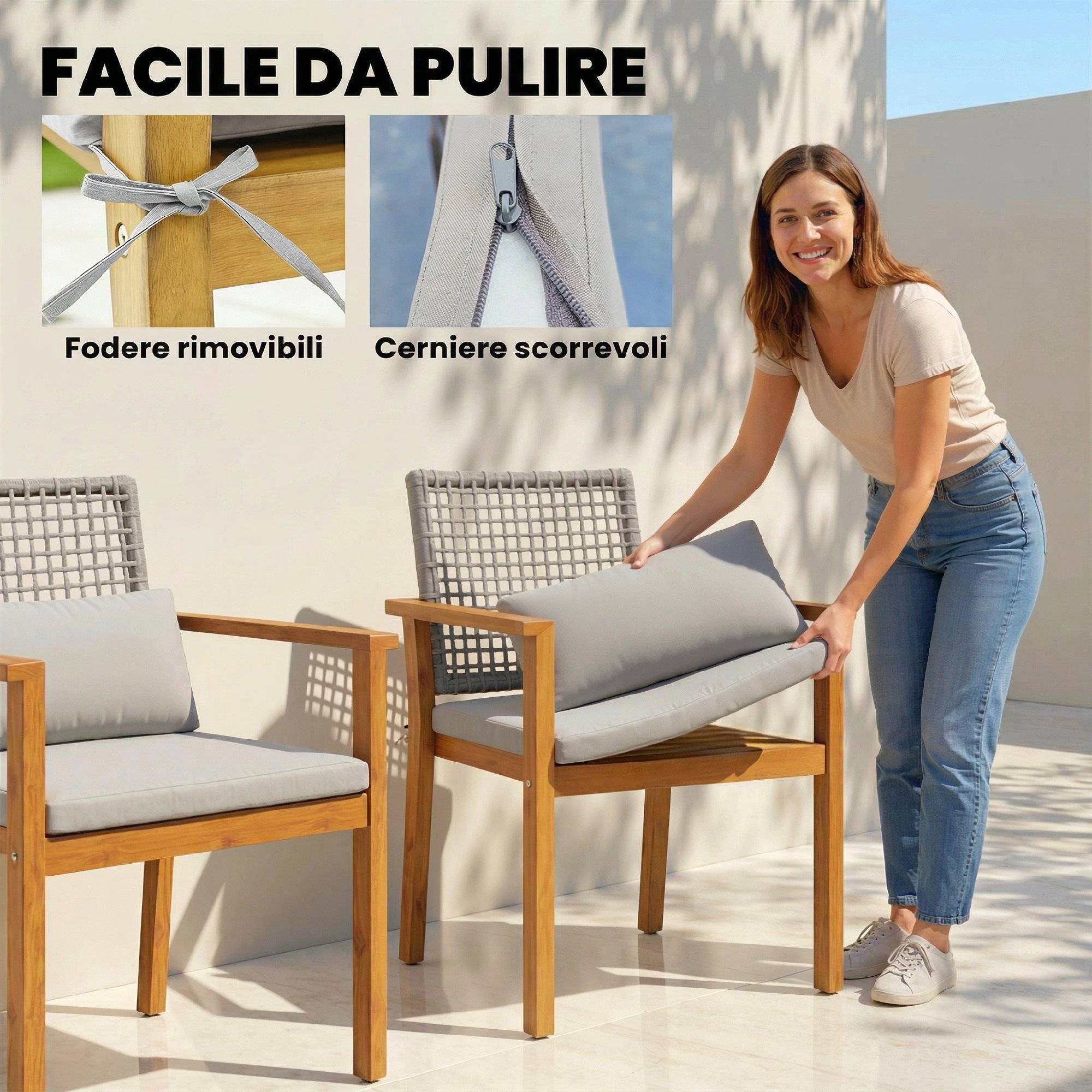 Lot de 2 chaises de jardin bois acacia balcon dossier rotin et coussins naturel - ComfortXL Outdoor Living - Image 10