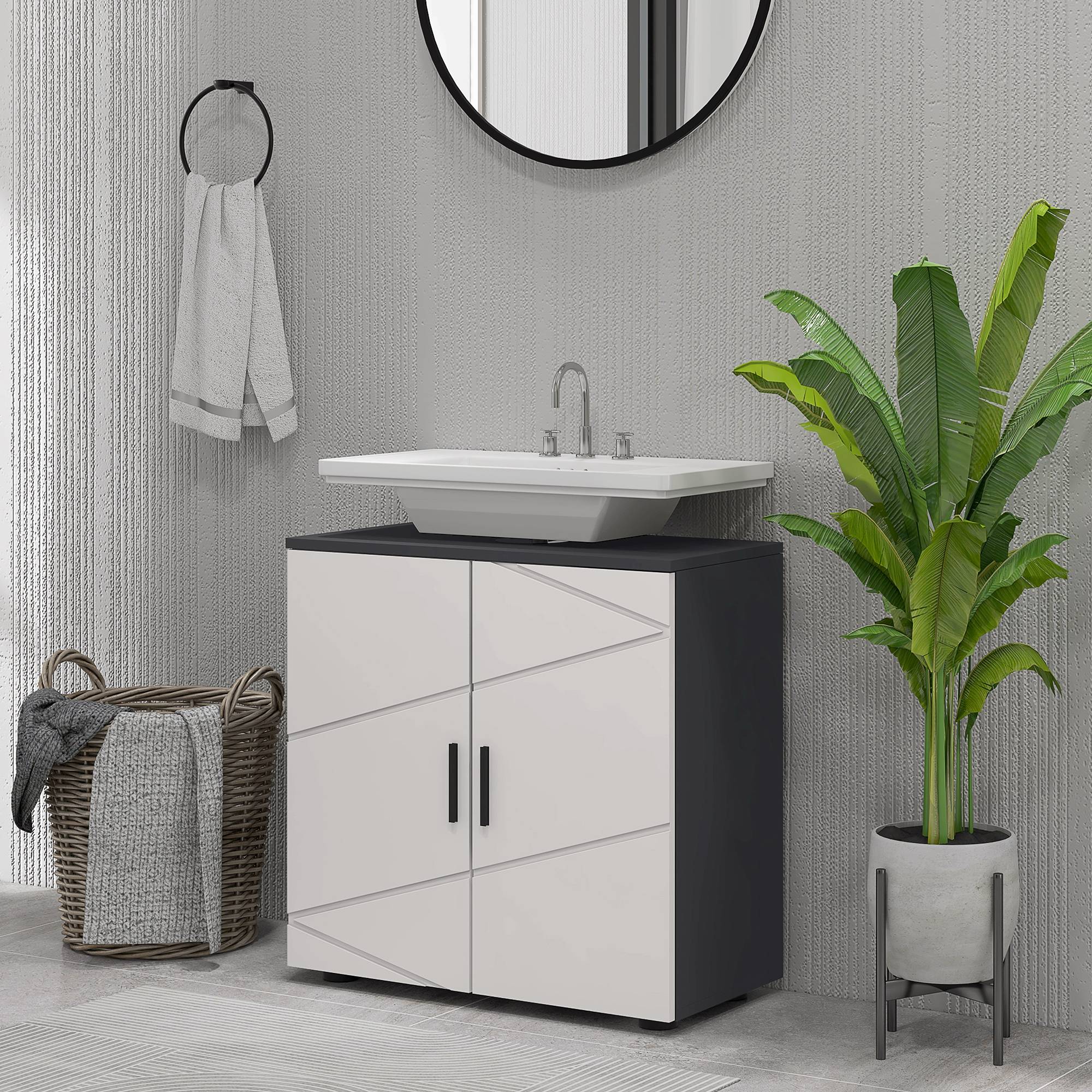 Sans Marque - Meuble salle bain commode salle bain meuble vasque 2 étagères bois gris clair - Image 3