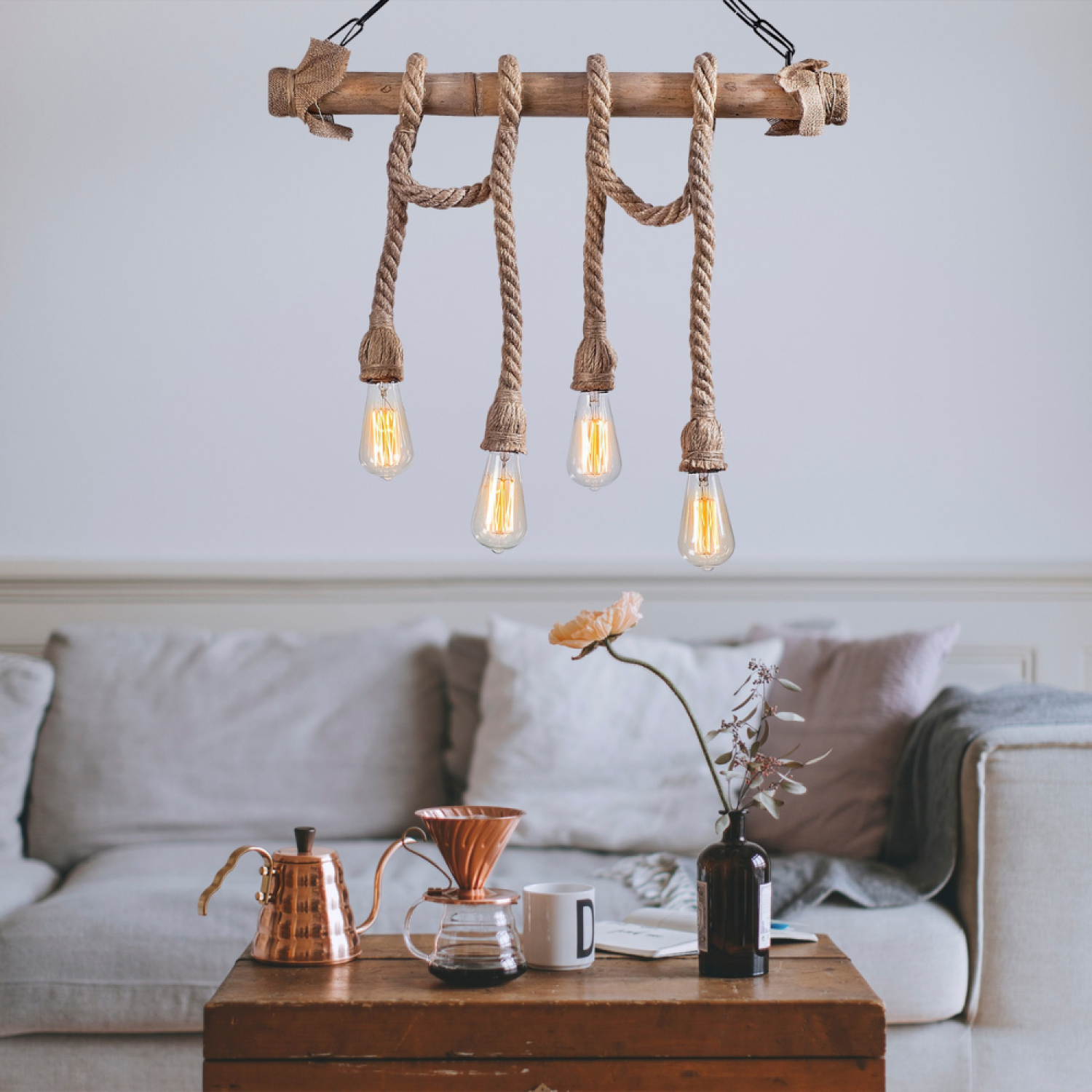 Concept Usine - Suspension rustique filaire 4 lampes cordes et bois LOANE - Image 2