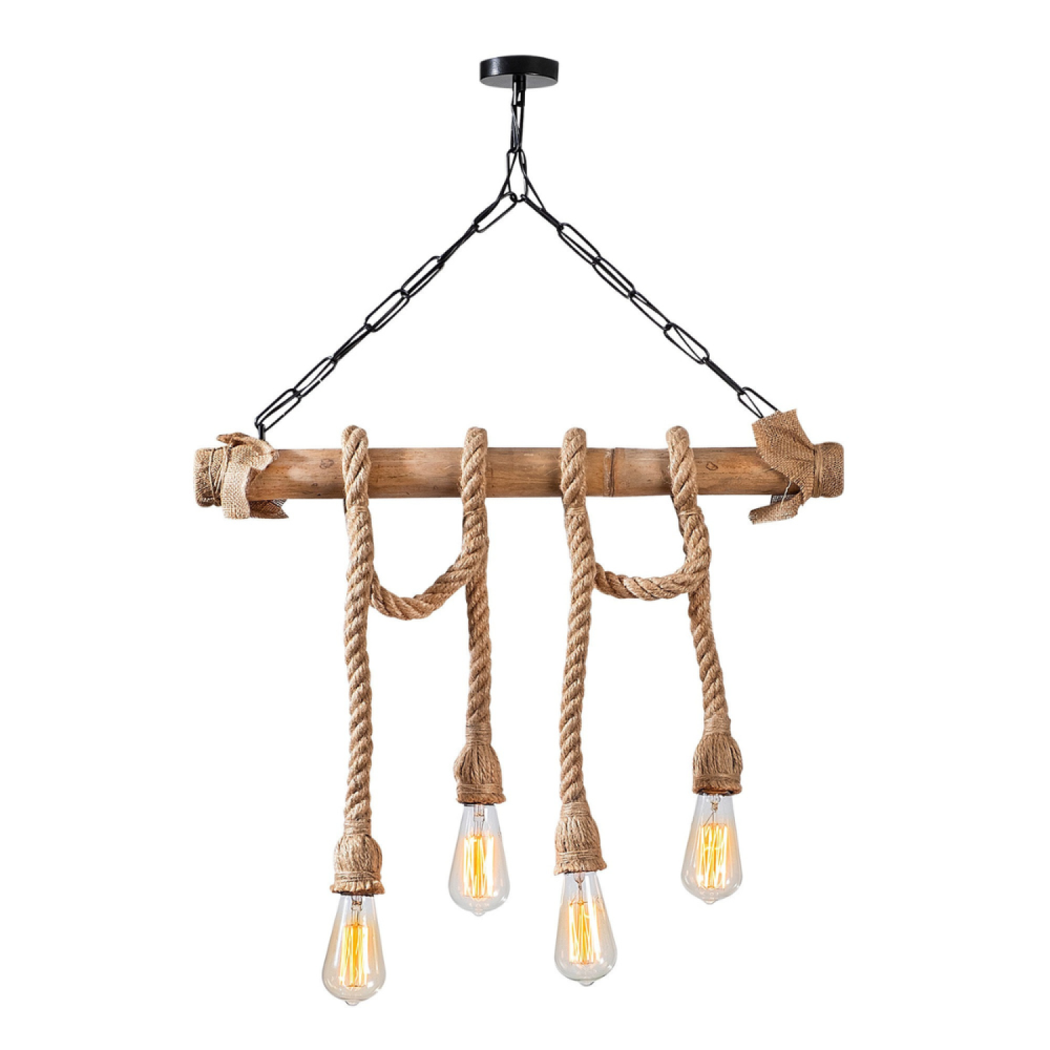 Concept Usine - Suspension rustique filaire 4 lampes cordes et bois LOANE - Image 1