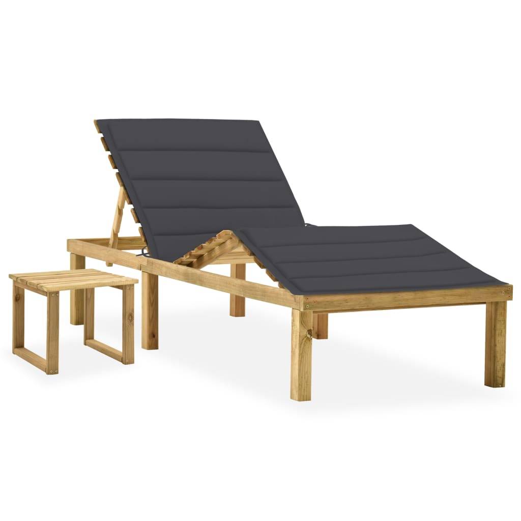 Helloshop26 - Transat chaise longue bain de soleil lit de jardin terrasse meuble d'extérieur 200 x 70 x (31,5-77) cm avec table et coussin pin imprégné - Imagen 1