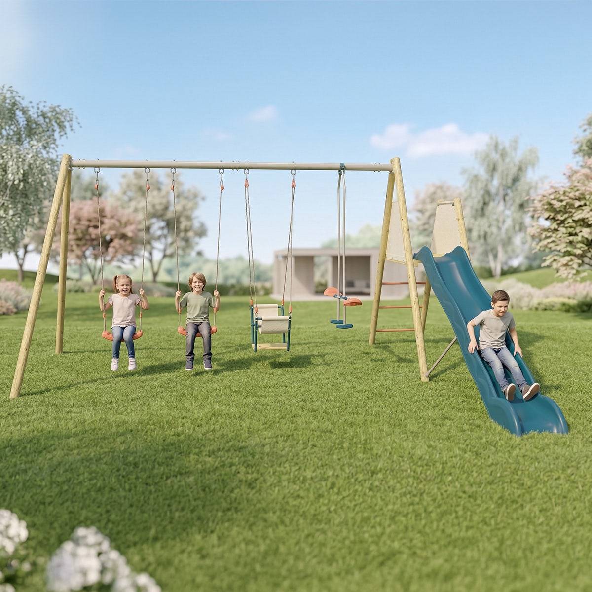 Trigano Jardin - Balançoire toboggan, face à face et nacelle - Techwood MARCY - Trigano - Image 2