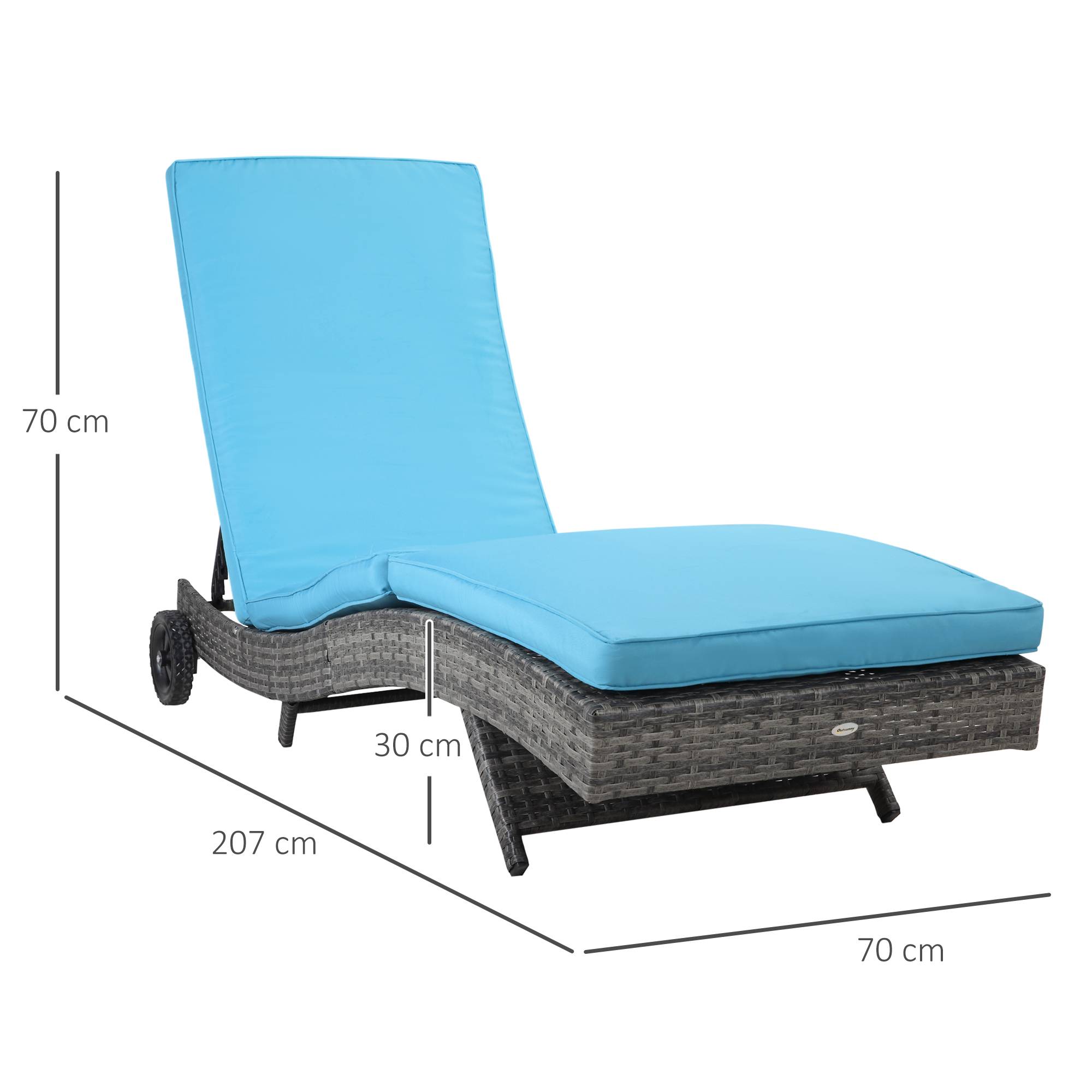 Outsunny - Bain de soleil transat grand confort - dossier inclinable 5 positions roulettes - matelas déhoussable inclus - résine tressée bleu - Outsunny - Imagen 3