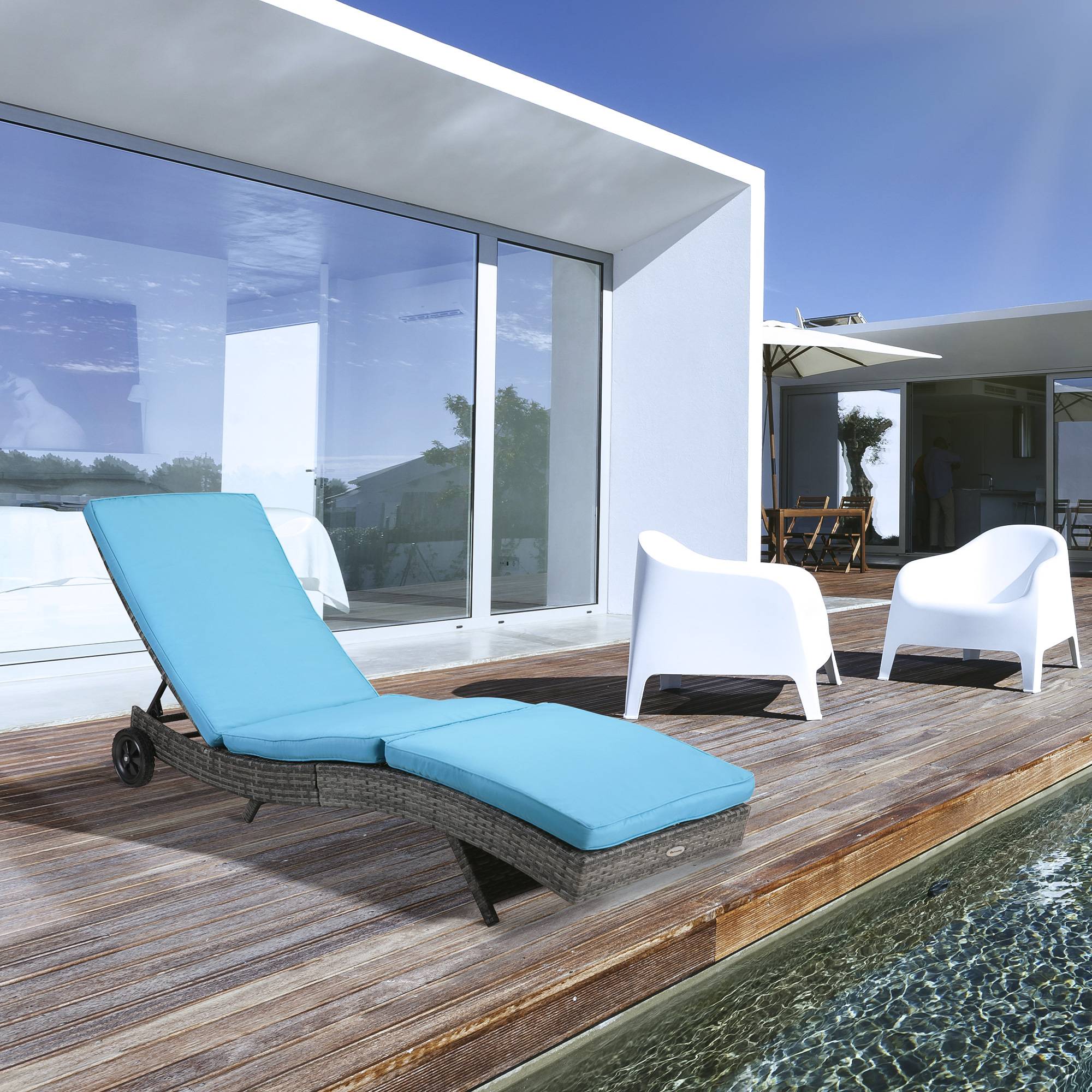 Outsunny - Bain de soleil transat grand confort - dossier inclinable 5 positions roulettes - matelas déhoussable inclus - résine tressée bleu - Outsunny - Imagen 2