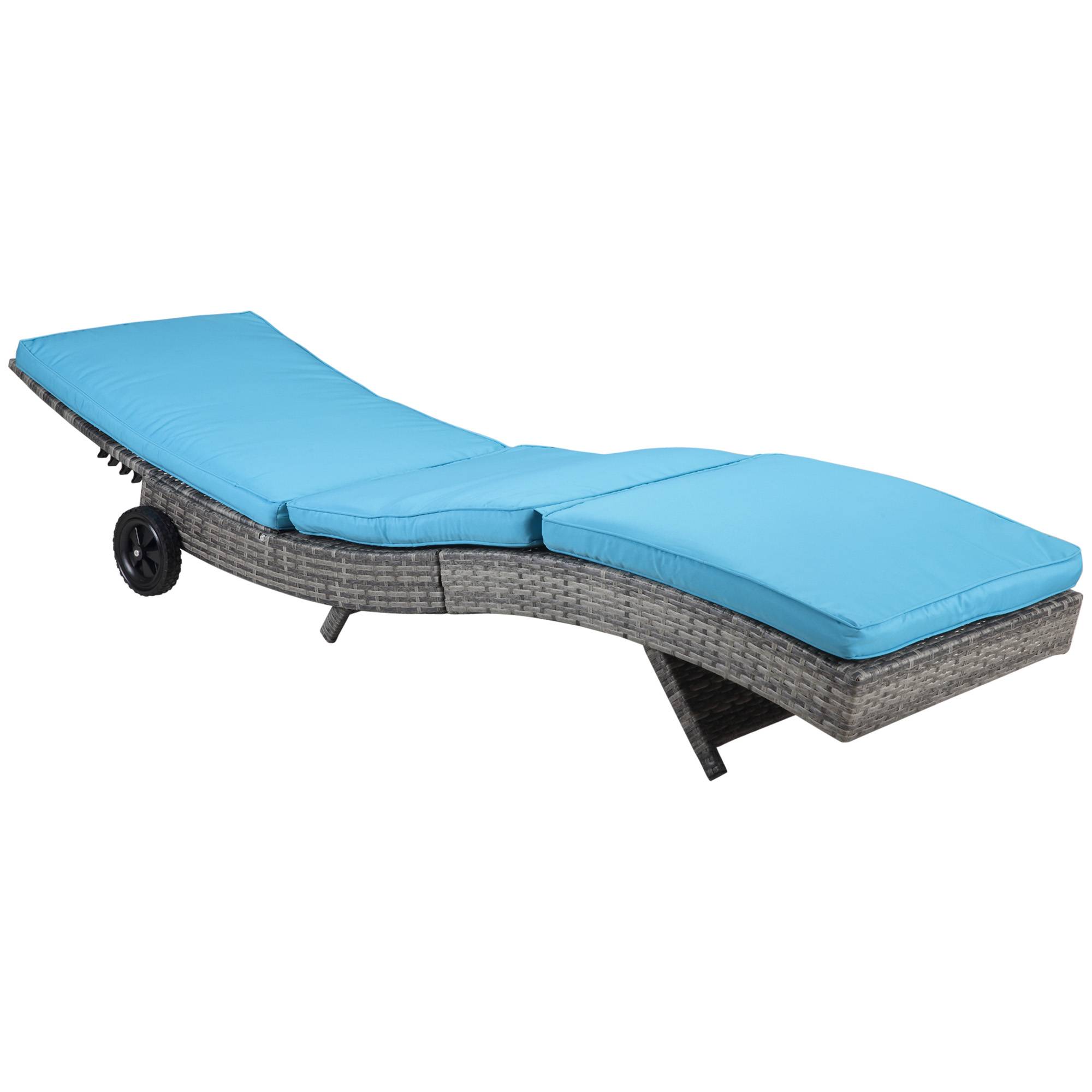 Outsunny - Bain de soleil transat grand confort - dossier inclinable 5 positions roulettes - matelas déhoussable inclus - résine tressée bleu - Outsunny - Imagen 4