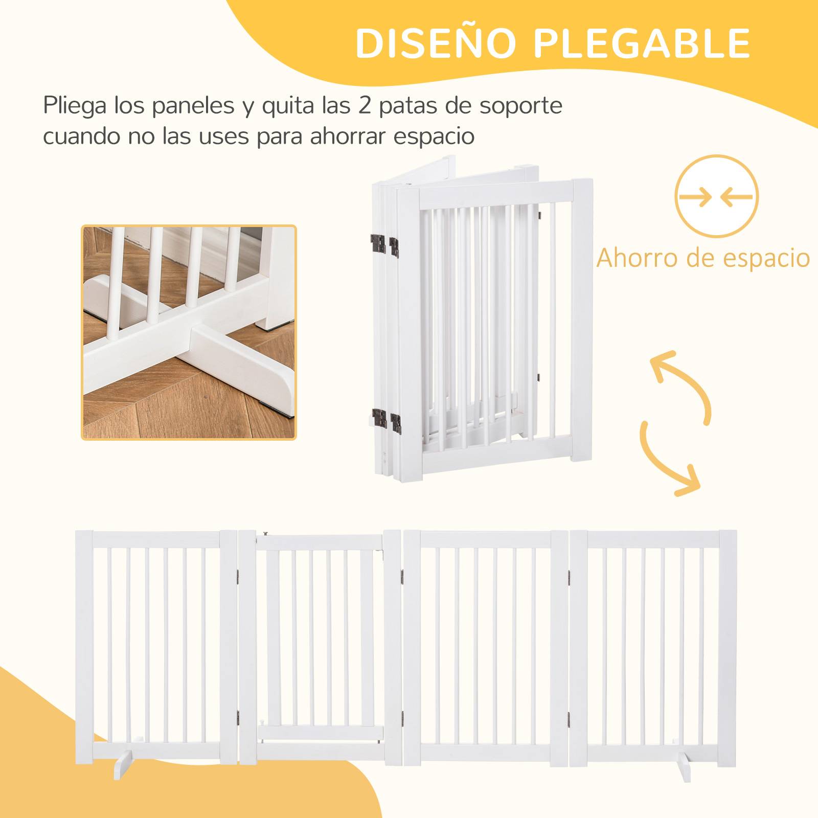 Barrière de sécurité pliante en bois pour chiens, pour escaliers et portes, avec support, 204 x 36 x 75 cm, blanche - Image 4