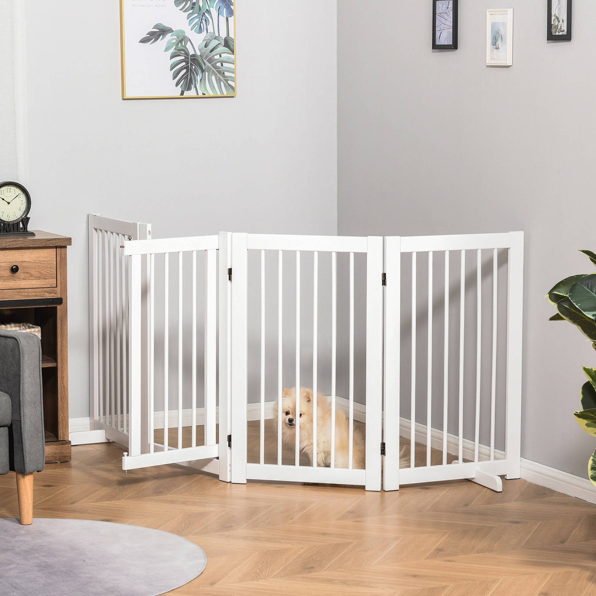 Barrière de sécurité pliante en bois pour chiens, pour escaliers et portes, avec support, 204 x 36 x 75 cm, blanche - Image 9