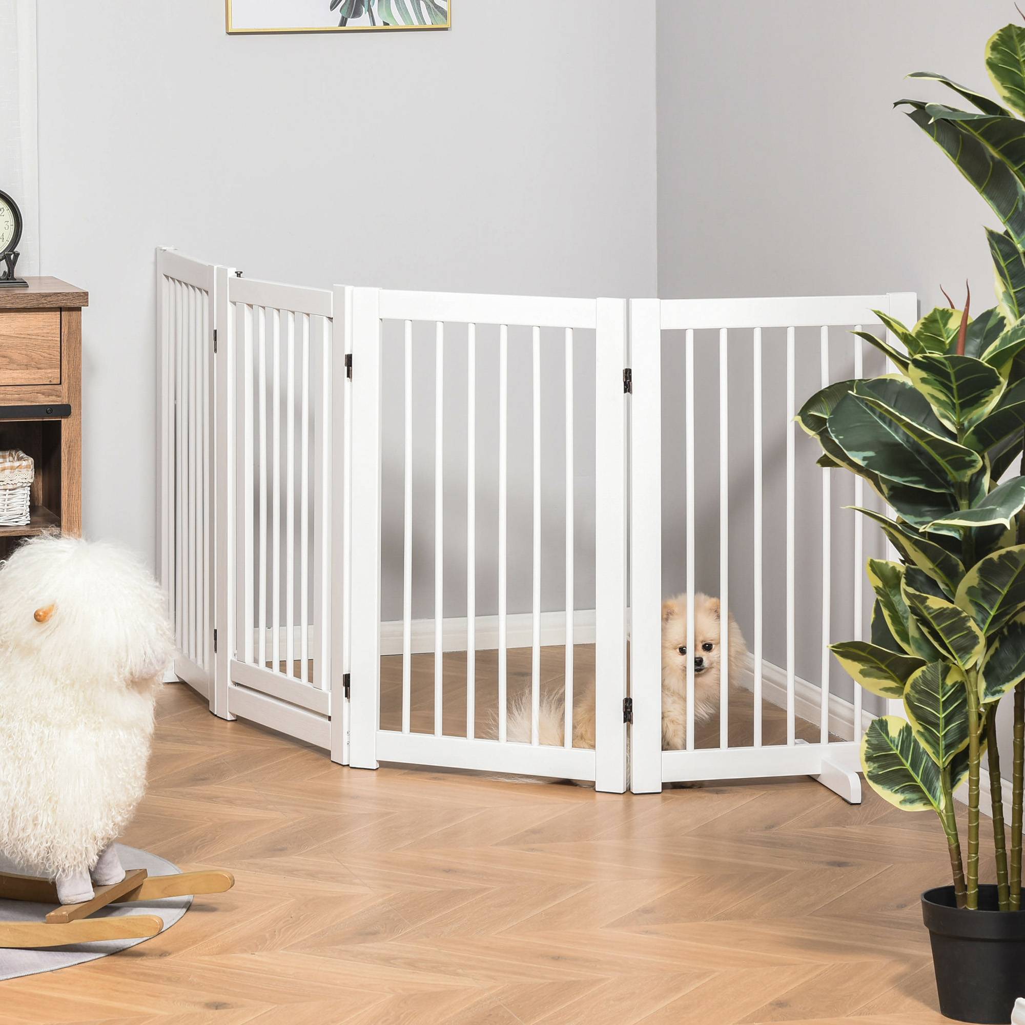 Barrière de sécurité pliante en bois pour chiens, pour escaliers et portes, avec support, 204 x 36 x 75 cm, blanche - Image 2