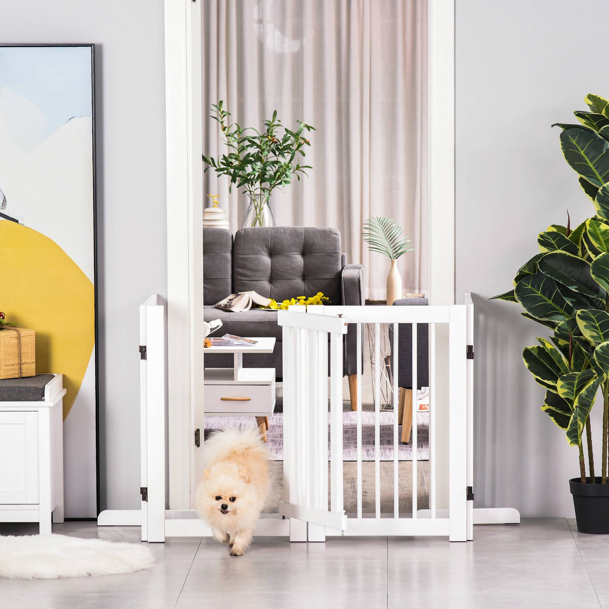 Barrière de sécurité pliante en bois pour chiens, pour escaliers et portes, avec support, 204 x 36 x 75 cm, blanche - Image 8