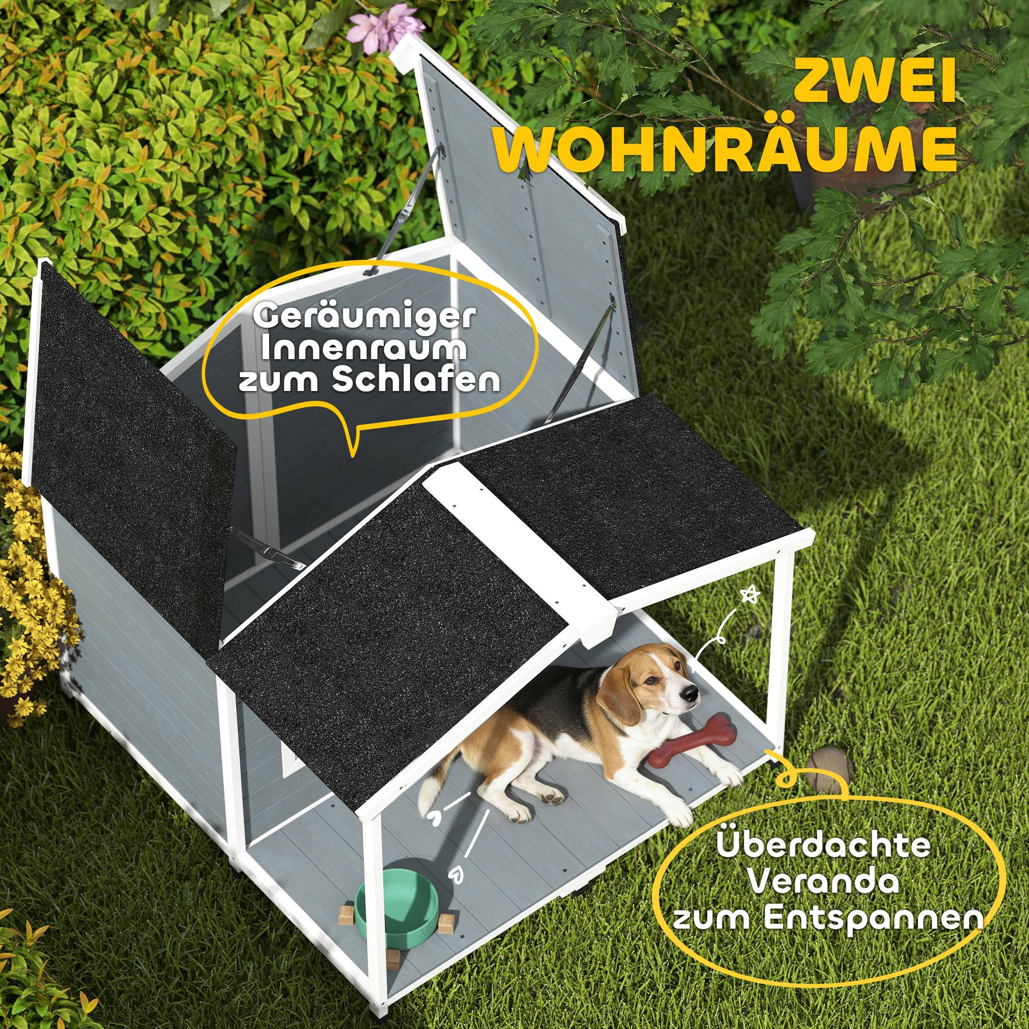 Nic en bois résistant aux intempéries avec toit bitumé et terrasse, pour chiens moyens, 103×107×83,5 cm, Gris - Image 8