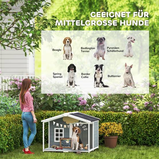Nic en bois résistant aux intempéries avec toit bitumé et terrasse, pour chiens moyens, 103×107×83,5 cm, Gris - Image 9