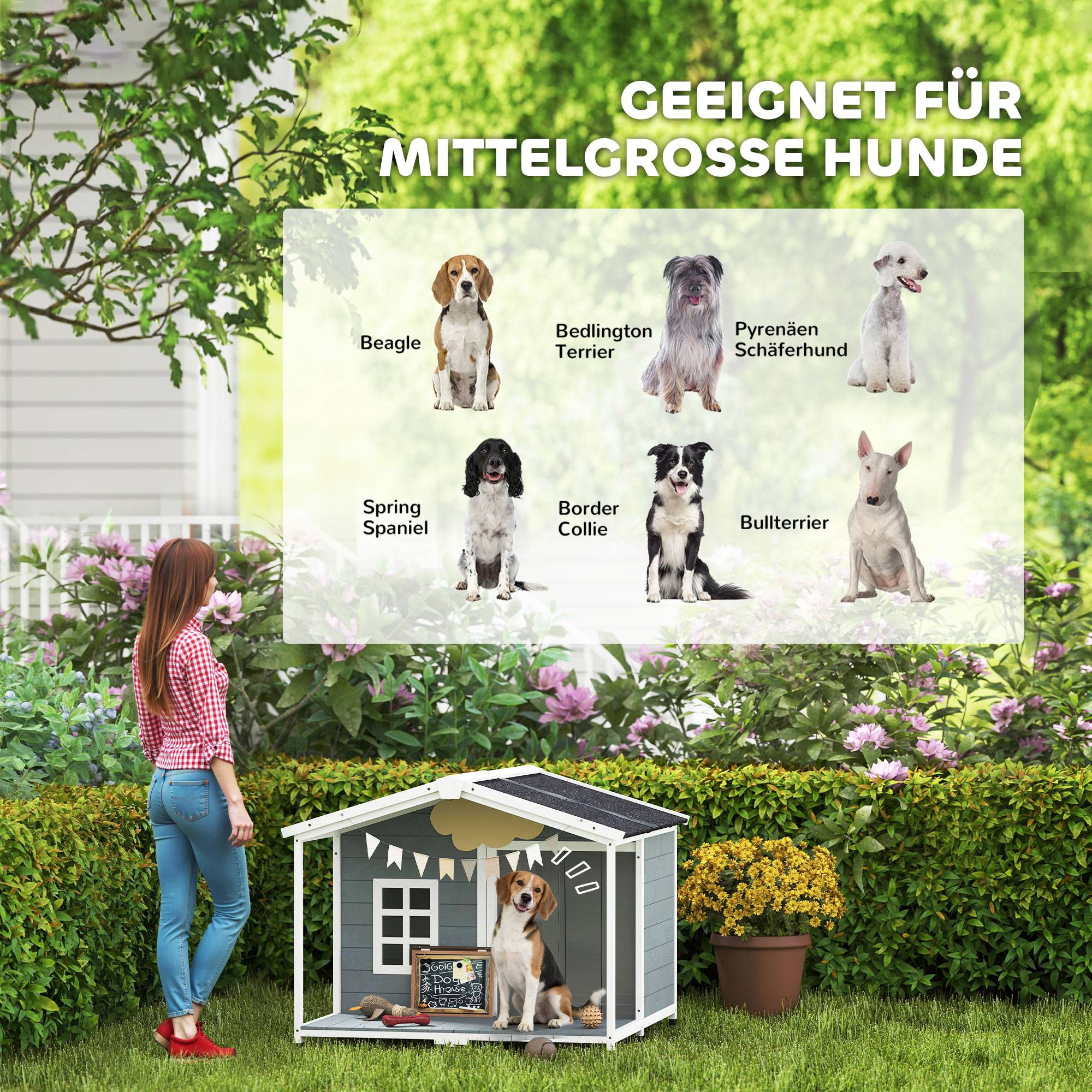 Nic en bois résistant aux intempéries avec toit bitumé et terrasse, pour chiens moyens, 103×107×83,5 cm, Gris - Image 9