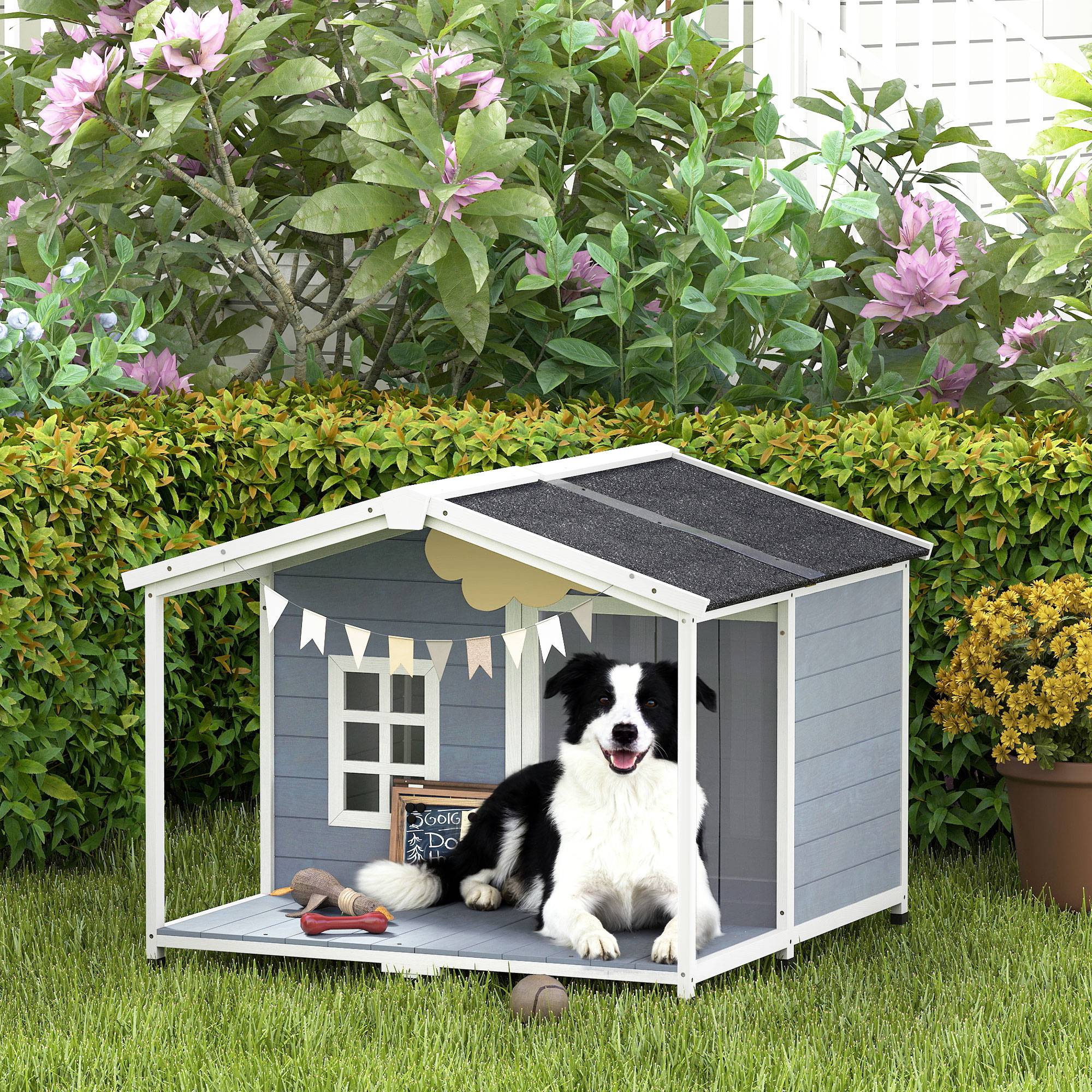 Nic en bois résistant aux intempéries avec toit bitumé et terrasse, pour chiens moyens, 103×107×83,5 cm, Gris - Image 3