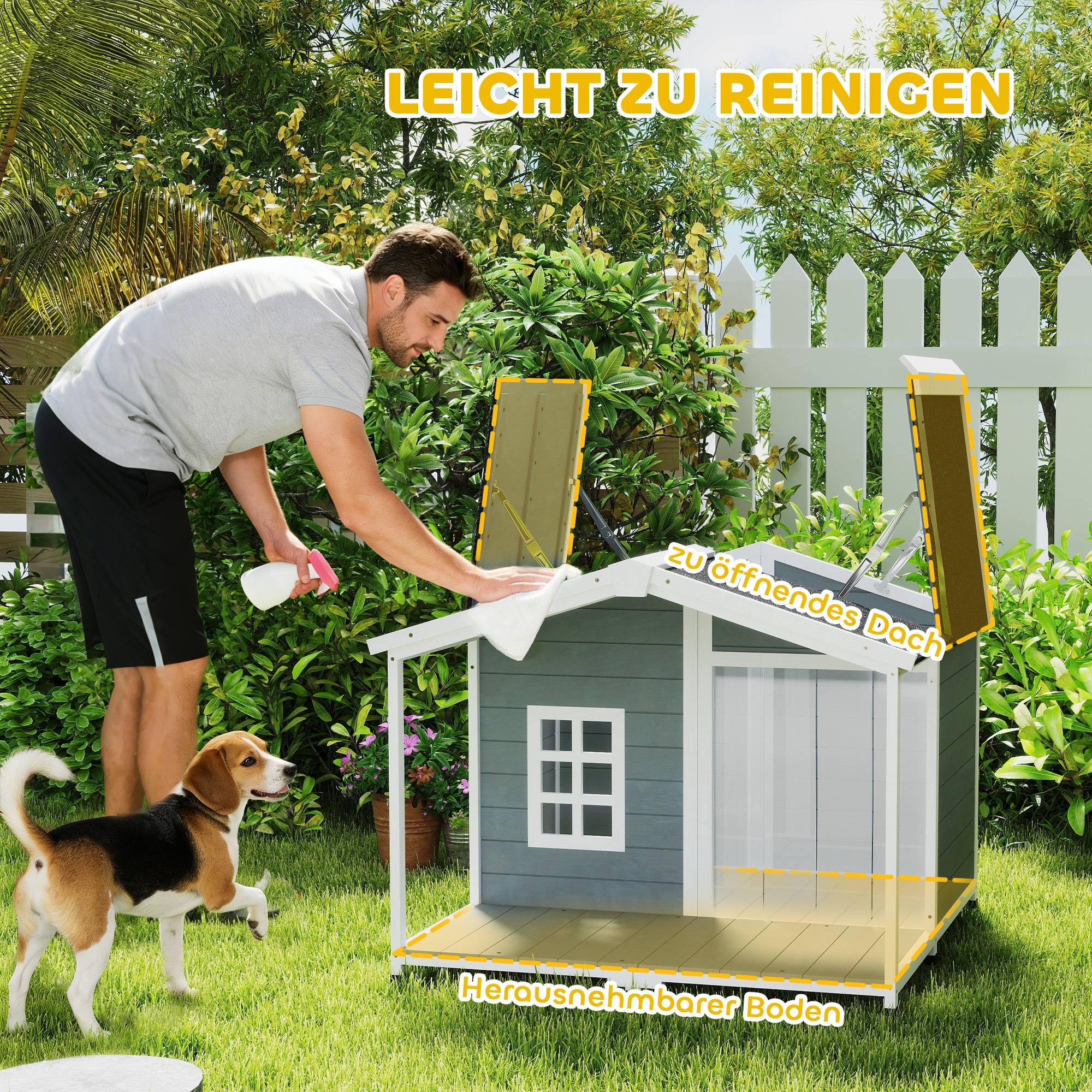 Nic en bois résistant aux intempéries avec toit bitumé et terrasse, pour chiens moyens, 103×107×83,5 cm, Gris - Image 7
