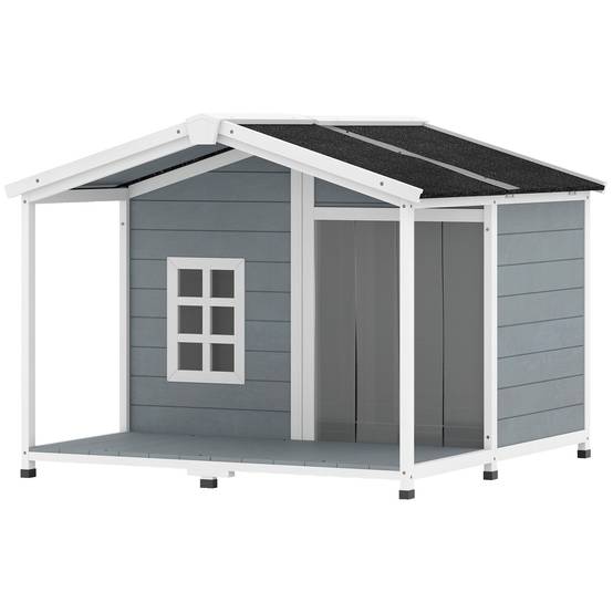 Nic en bois résistant aux intempéries avec toit bitumé et terrasse, pour chiens moyens, 103×107×83,5 cm, Gris - Image 2