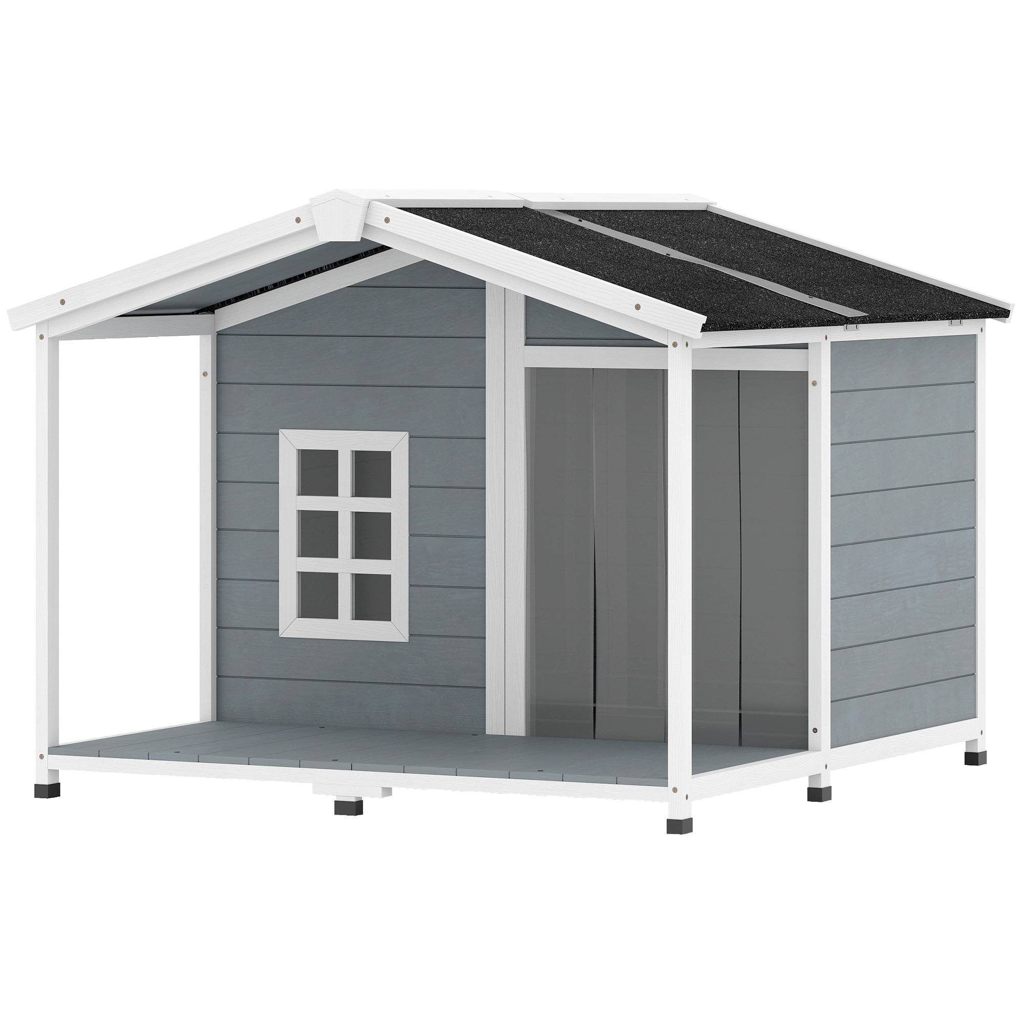 Nic en bois résistant aux intempéries avec toit bitumé et terrasse, pour chiens moyens, 103×107×83,5 cm, Gris - Image 2