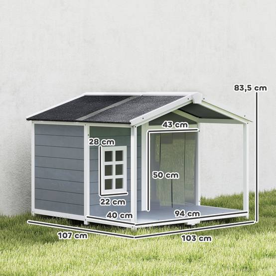 Nic en bois résistant aux intempéries avec toit bitumé et terrasse, pour chiens moyens, 103×107×83,5 cm, Gris - Image 5