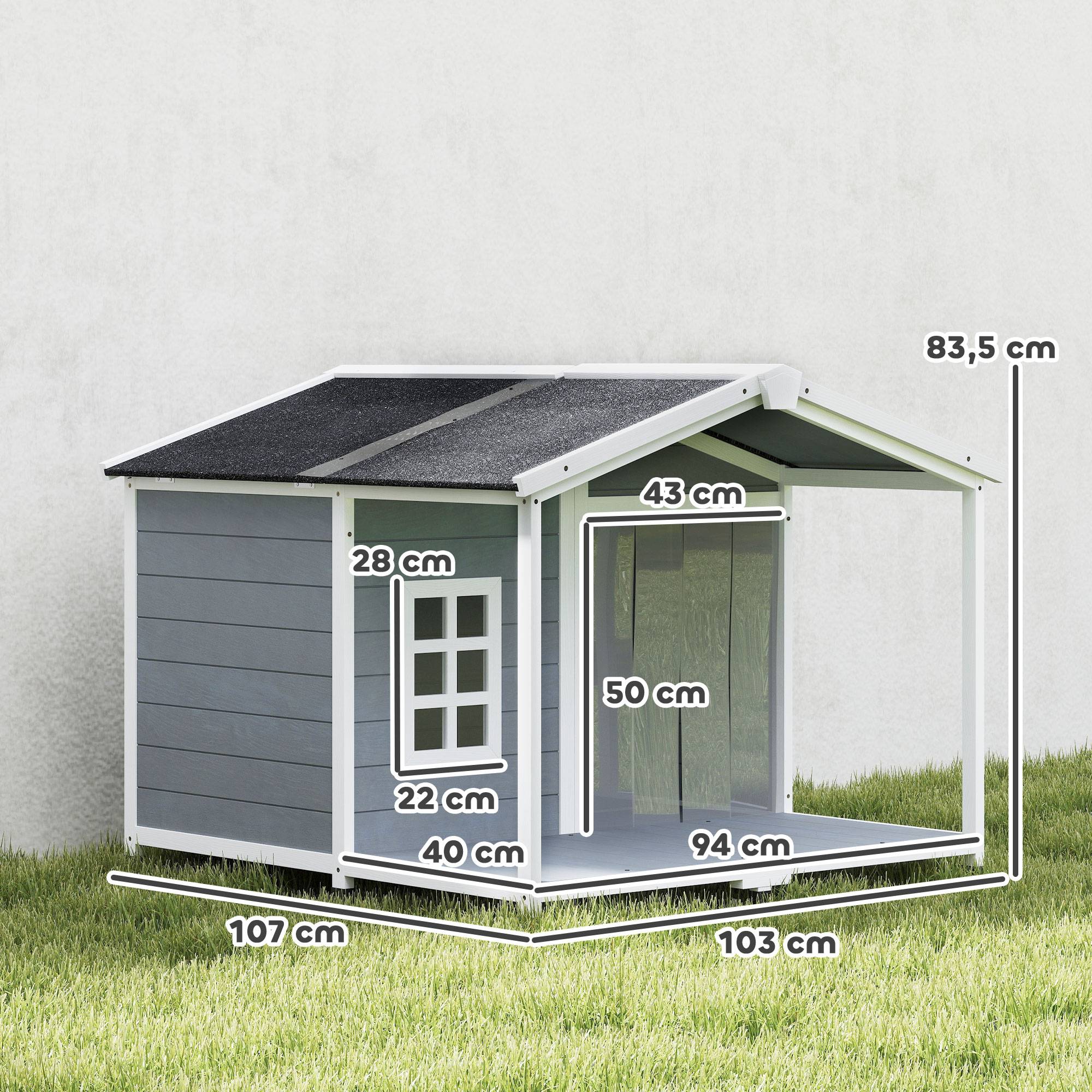 Nic en bois résistant aux intempéries avec toit bitumé et terrasse, pour chiens moyens, 103×107×83,5 cm, Gris - Image 5
