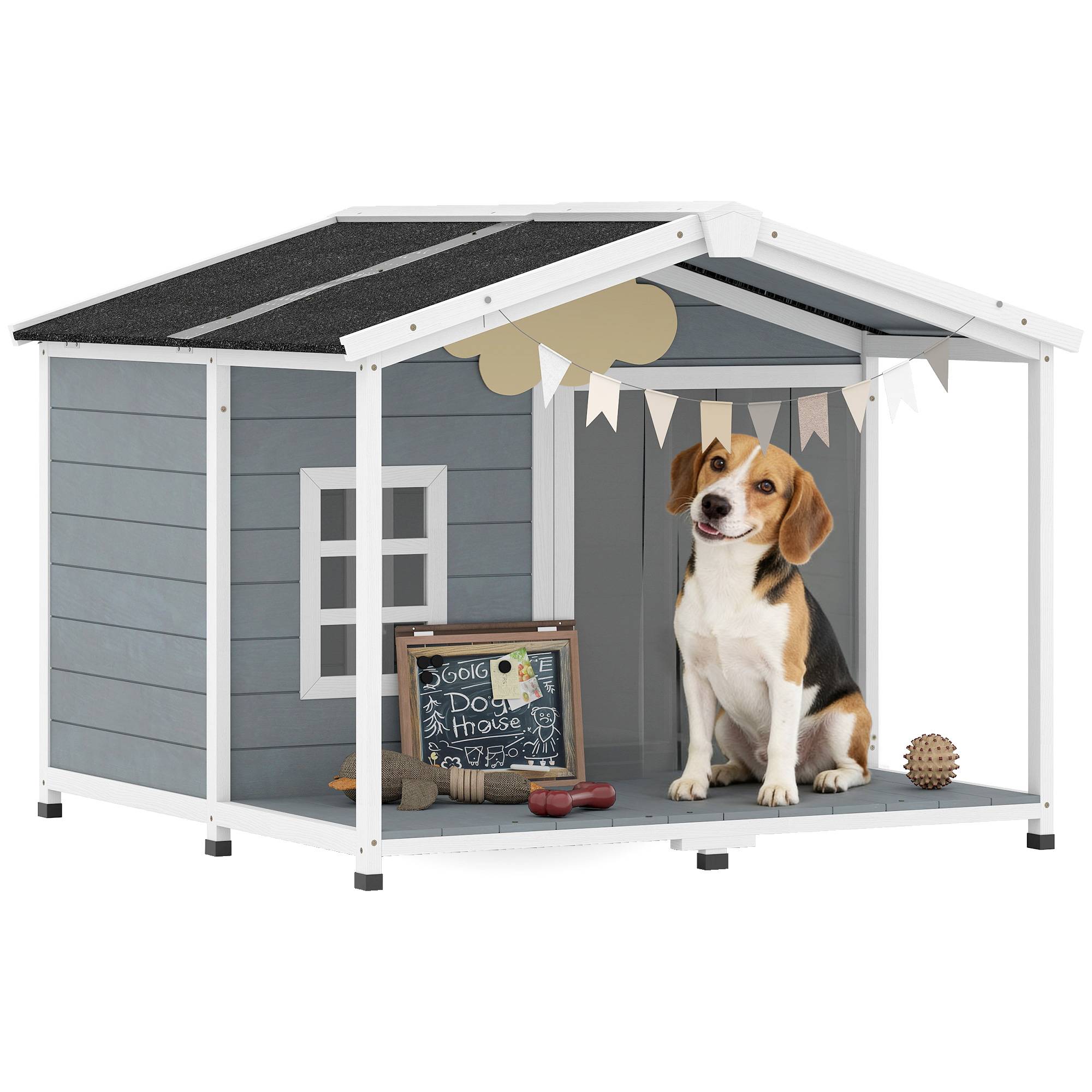 Nic en bois résistant aux intempéries avec toit bitumé et terrasse, pour chiens moyens, 103×107×83,5 cm, Gris - Image 1