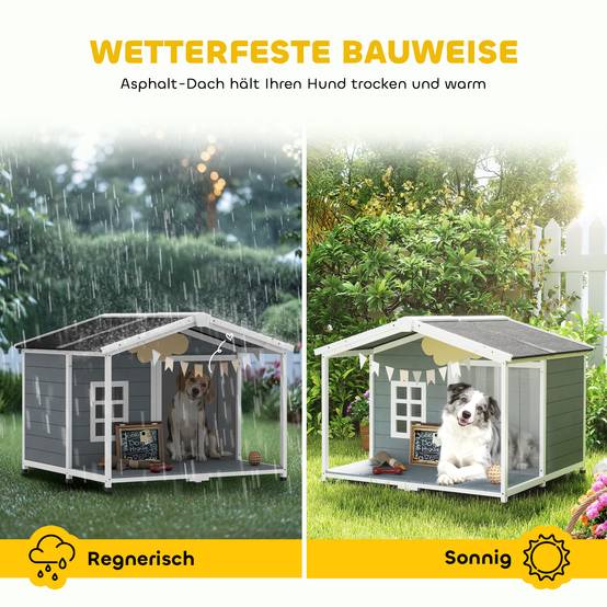 Nic en bois résistant aux intempéries avec toit bitumé et terrasse, pour chiens moyens, 103×107×83,5 cm, Gris - Image 6