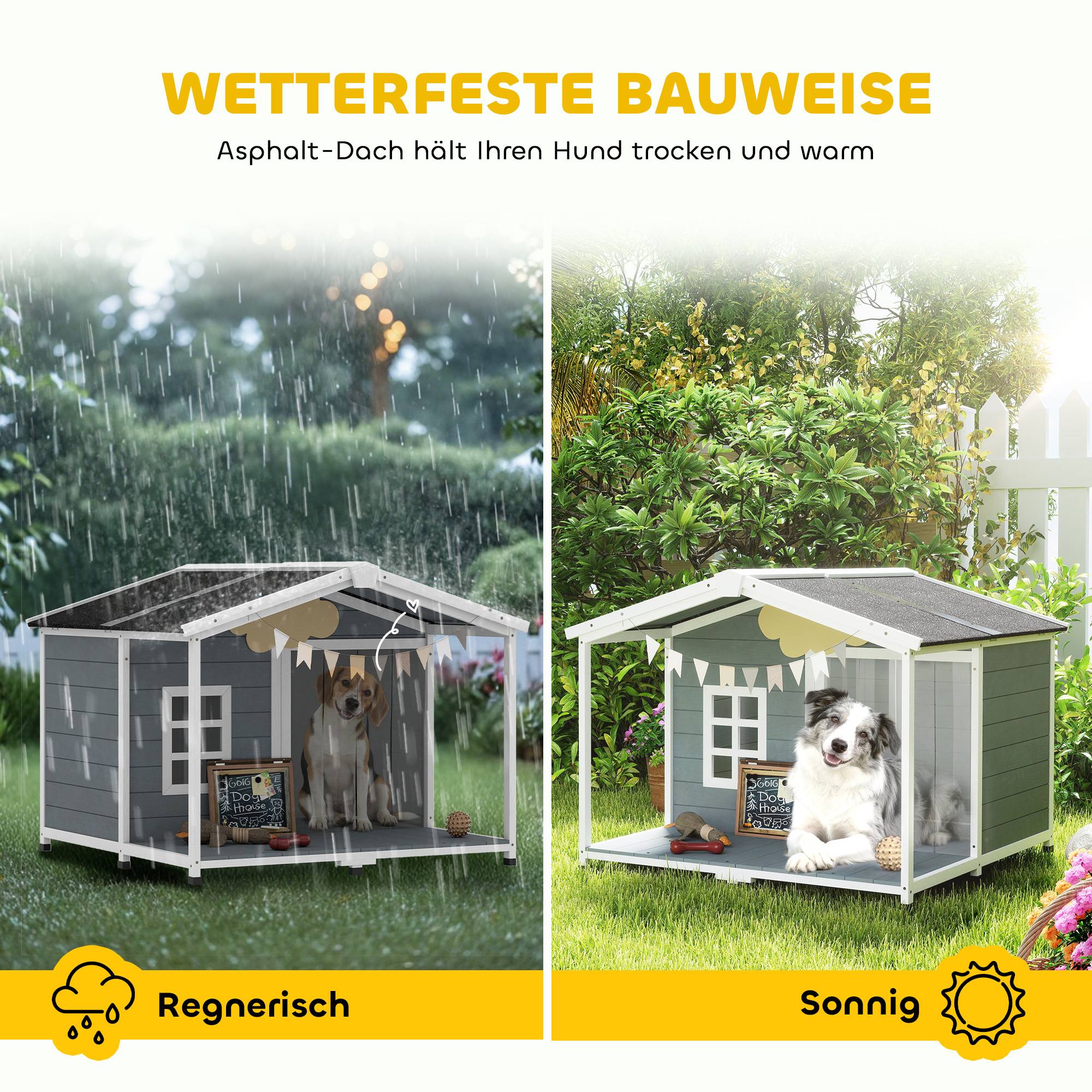 Nic en bois résistant aux intempéries avec toit bitumé et terrasse, pour chiens moyens, 103×107×83,5 cm, Gris - Image 6