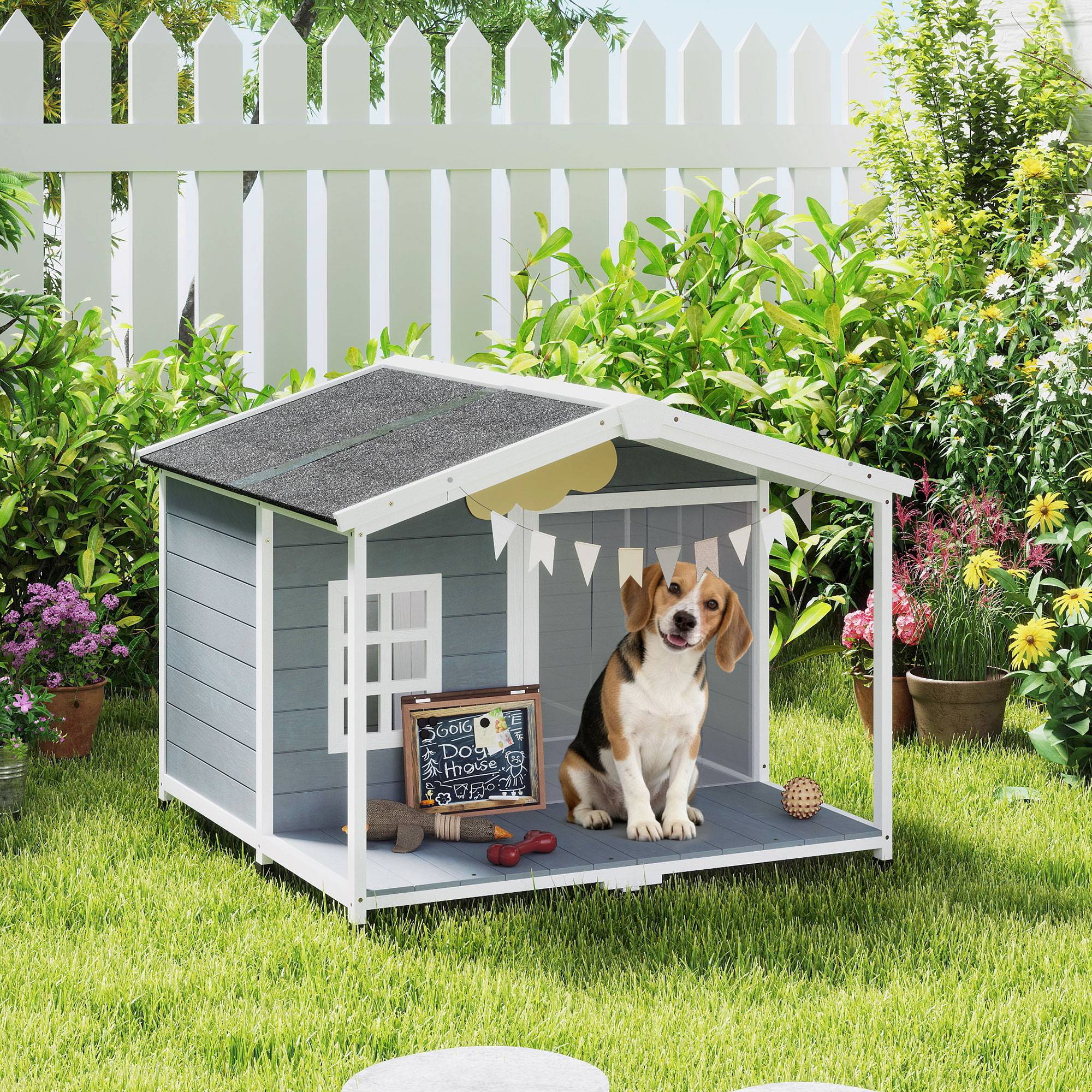 Nic en bois résistant aux intempéries avec toit bitumé et terrasse, pour chiens moyens, 103×107×83,5 cm, Gris - Image 4