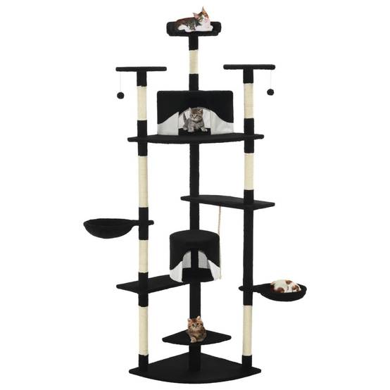 Helloshop26 - Arbre à chat griffoir grattoir niche jouet animaux peluché en sisal 203 cm noir et blanc - Image 1