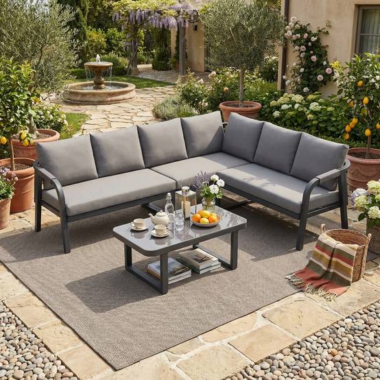 Salon de jardin d'angle Acier et Corde pour 6 personnes avec Table basse Gris - ComfortXL Outdoor Living - Image 1