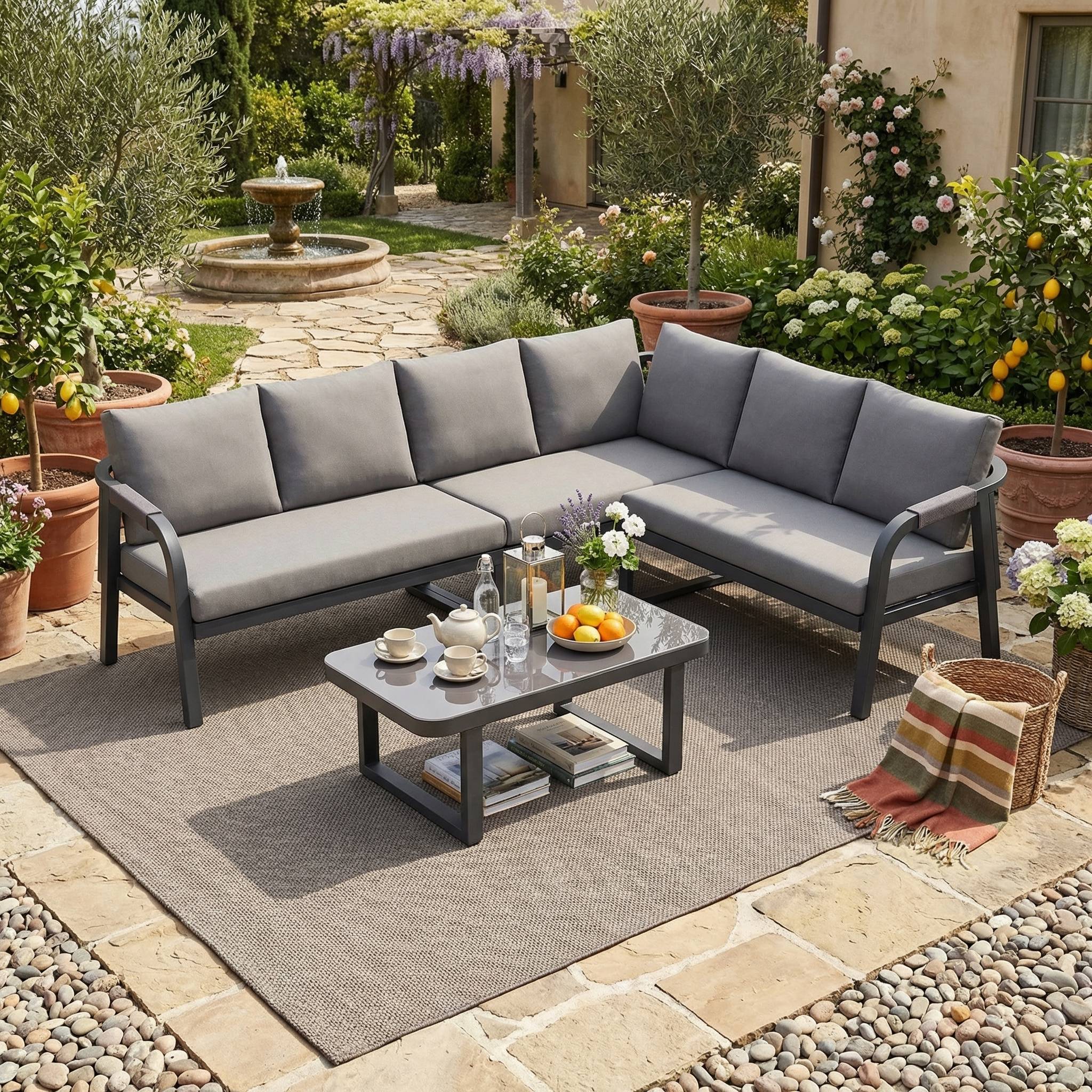 Salon de jardin d'angle Acier et Corde pour 6 personnes avec Table basse Gris - ComfortXL Outdoor Living - Image 1