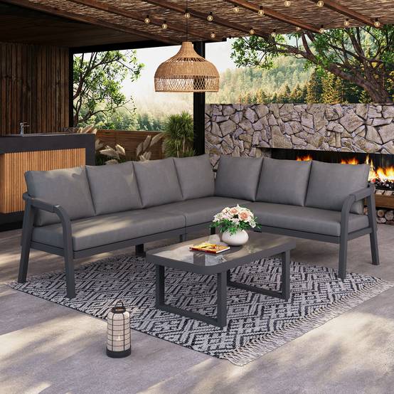 Salon de jardin d'angle Acier et Corde pour 6 personnes avec Table basse Gris - ComfortXL Outdoor Living - Image 9